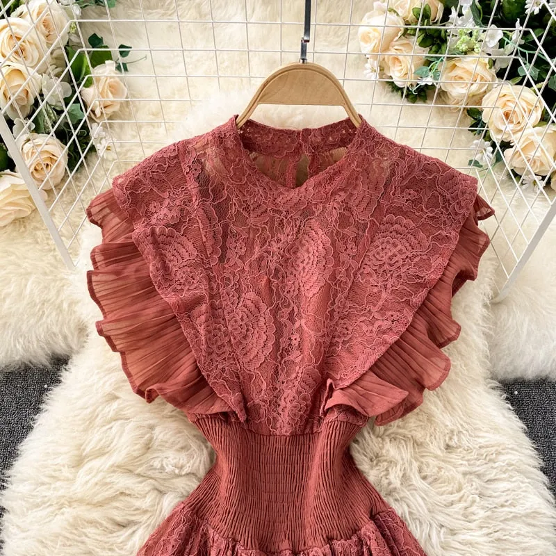 Vintage Dress, Boho Midi Dress, Lace Dress, Aliyah in Green, Red and BLack