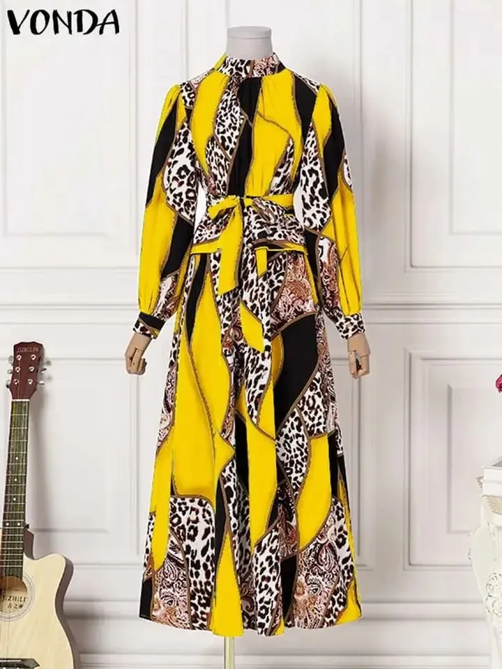 VONDA Summer Bohemian Robe Lantern Sleeve Maxi Sundress Vintage Lady Printed Pleated Long Dress Casual Belted Party Vestido S4318637