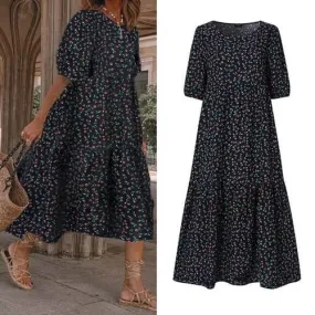VONDA Women Sundress Casual O Neck Short Lantern Sleeve Printed Dresses Loose Oversized Bohemian Vestidos Robe Femme S2616399