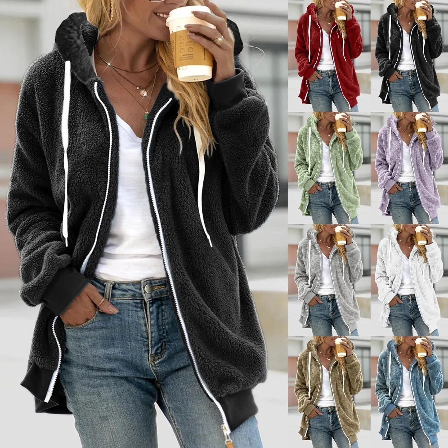 Winter Hooded Fuzzy Fleece Jackets for Women Warm Cozy Soft Oversized Fluffy Zip Up Sherpa Cardigan Coats Outerwear
