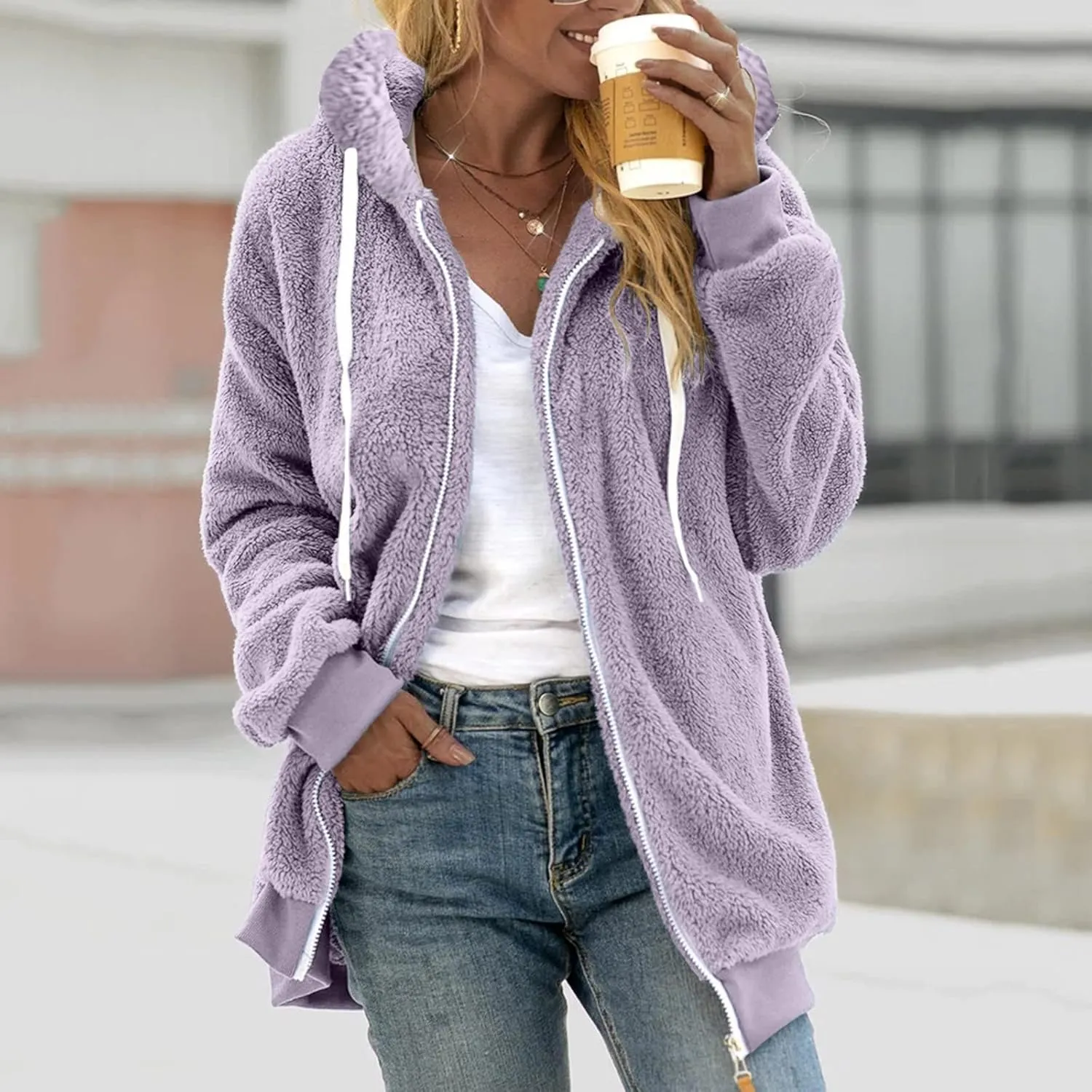 Winter Hooded Fuzzy Fleece Jackets for Women Warm Cozy Soft Oversized Fluffy Zip Up Sherpa Cardigan Coats Outerwear