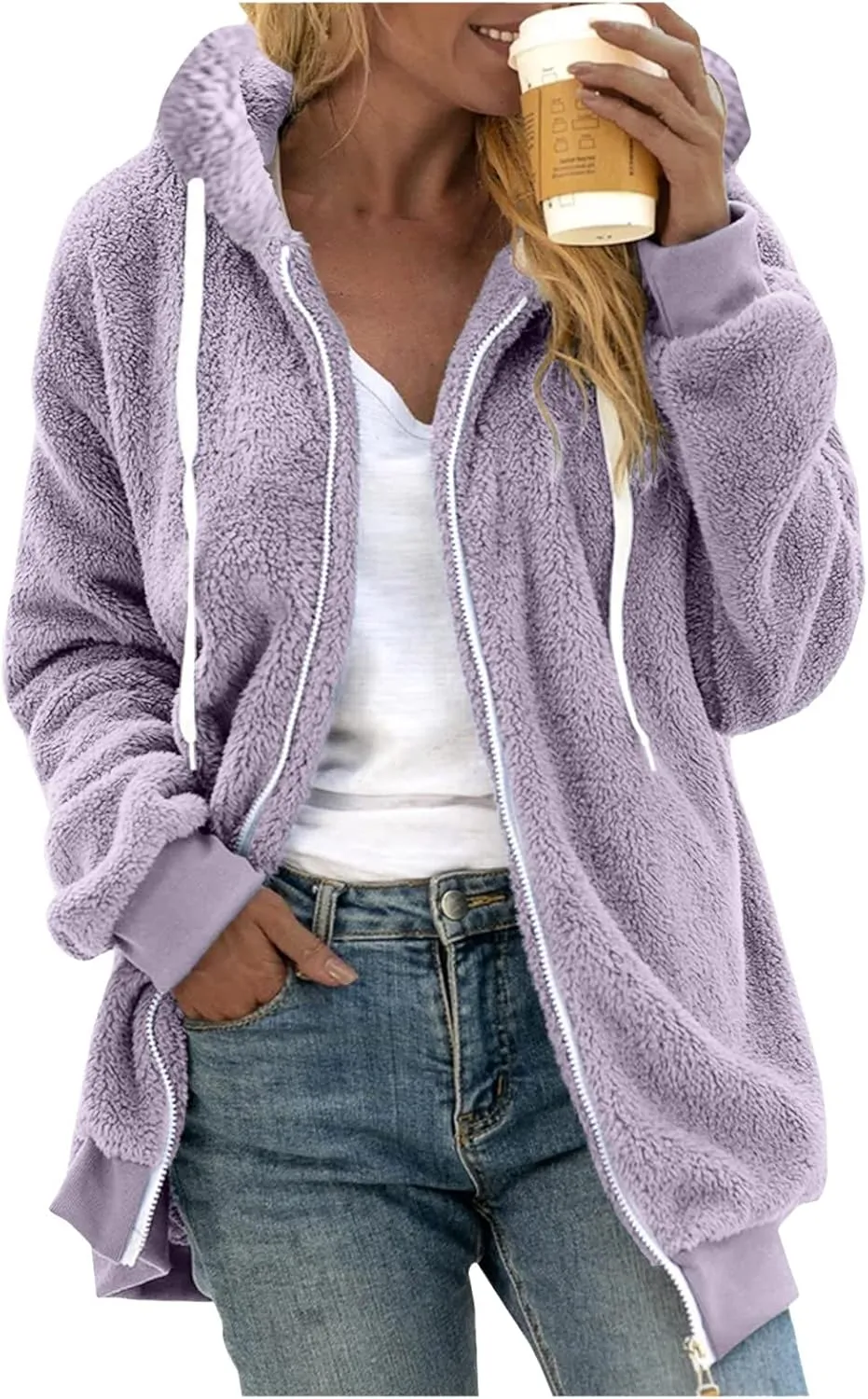 Winter Hooded Fuzzy Fleece Jackets for Women Warm Cozy Soft Oversized Fluffy Zip Up Sherpa Cardigan Coats Outerwear