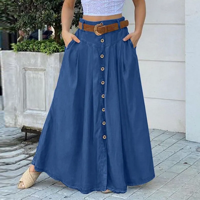 Wjczt Women&#39;s Spring Sundress 2022 ZANZEA Stylish Button Maxi Skirts Casual High Waist Long Vestidos Female Solid Robe Femme