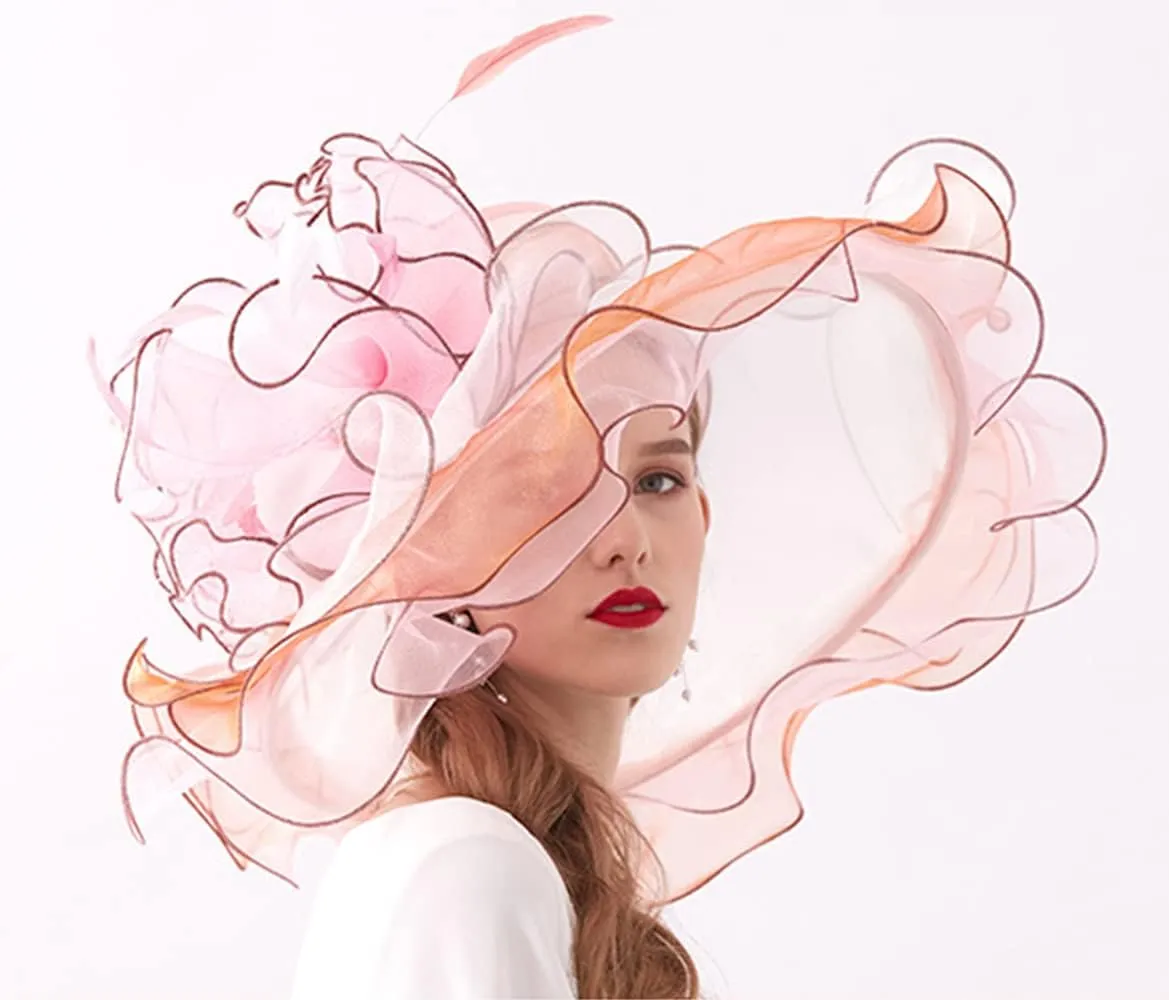 Women Derby Church Organza Flower Wedding Tea Party Fascinator Wide Brim Sun Hat