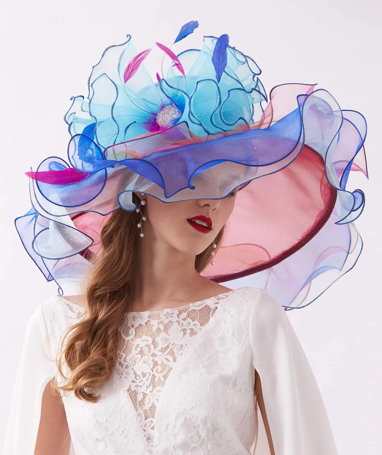 Women Derby Church Organza Flower Wedding Tea Party Fascinator Wide Brim Sun Hat