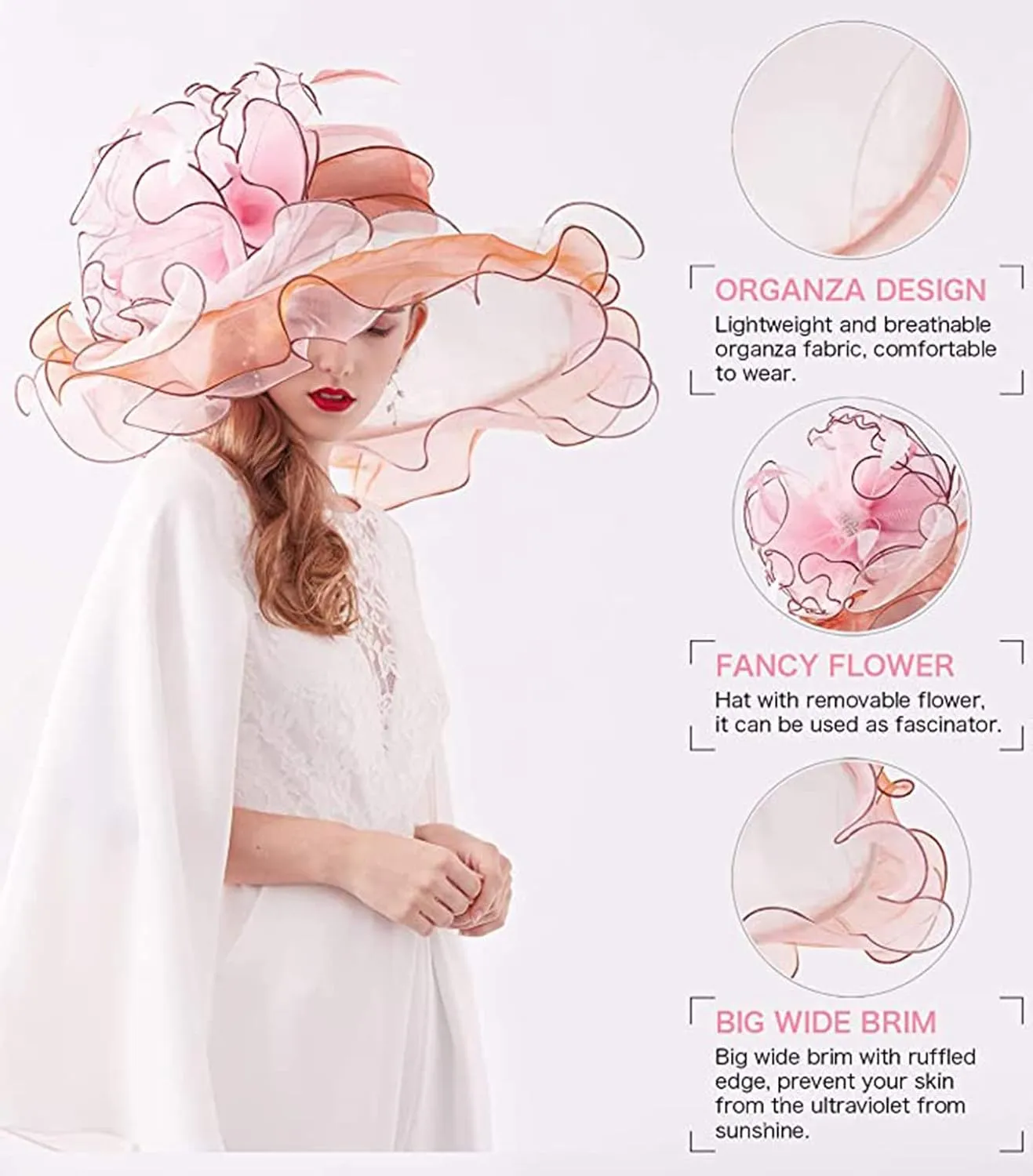 Women Derby Church Organza Flower Wedding Tea Party Fascinator Wide Brim Sun Hat
