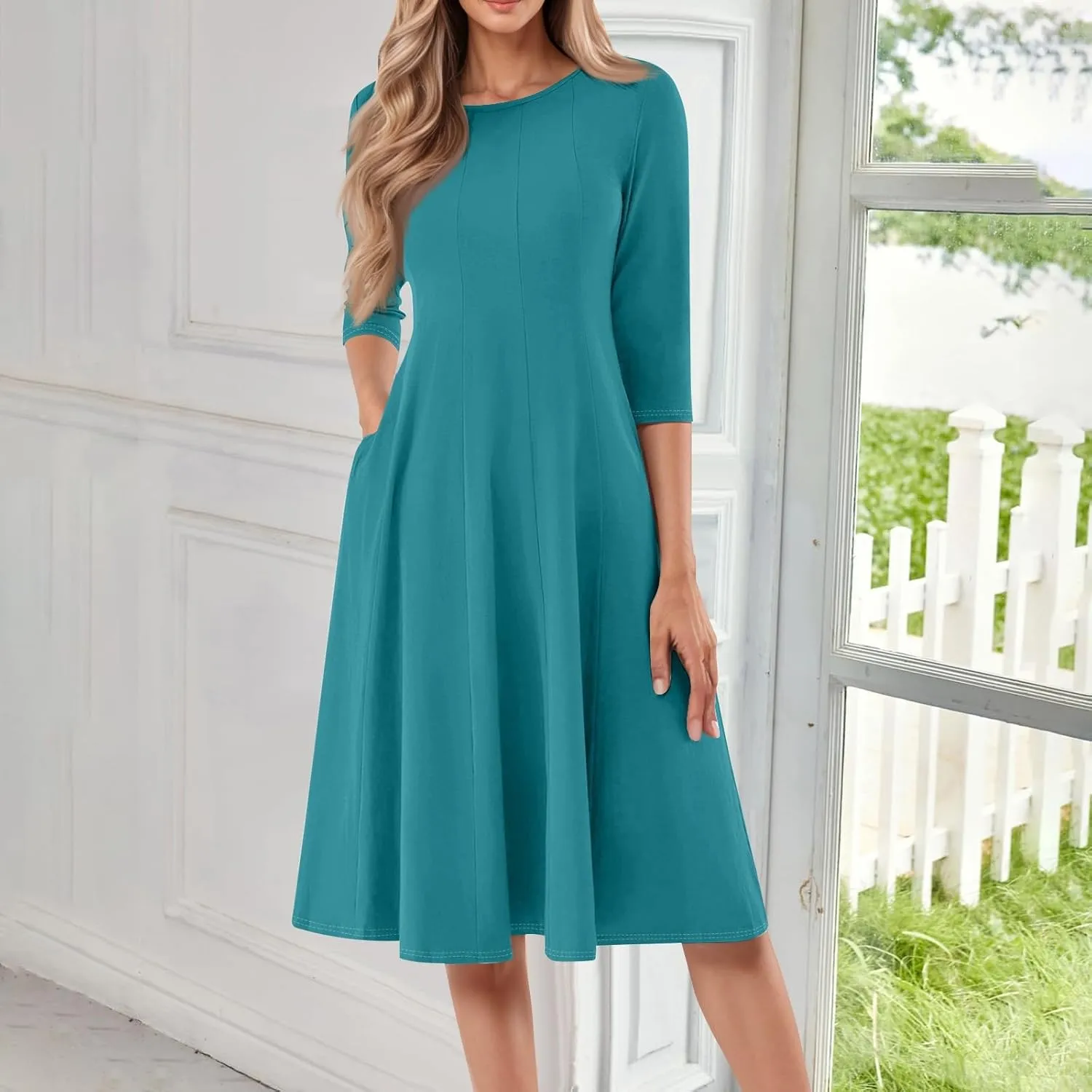 Women Dresses Formal for Church Summer Spring Solid Flowy Vintage 3/4 Sleeve Midi Casual Swing