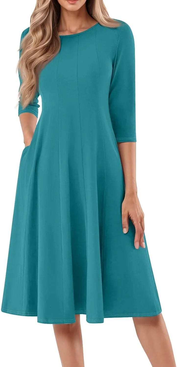 Women Dresses Formal for Church Summer Spring Solid Flowy Vintage 3/4 Sleeve Midi Casual Swing