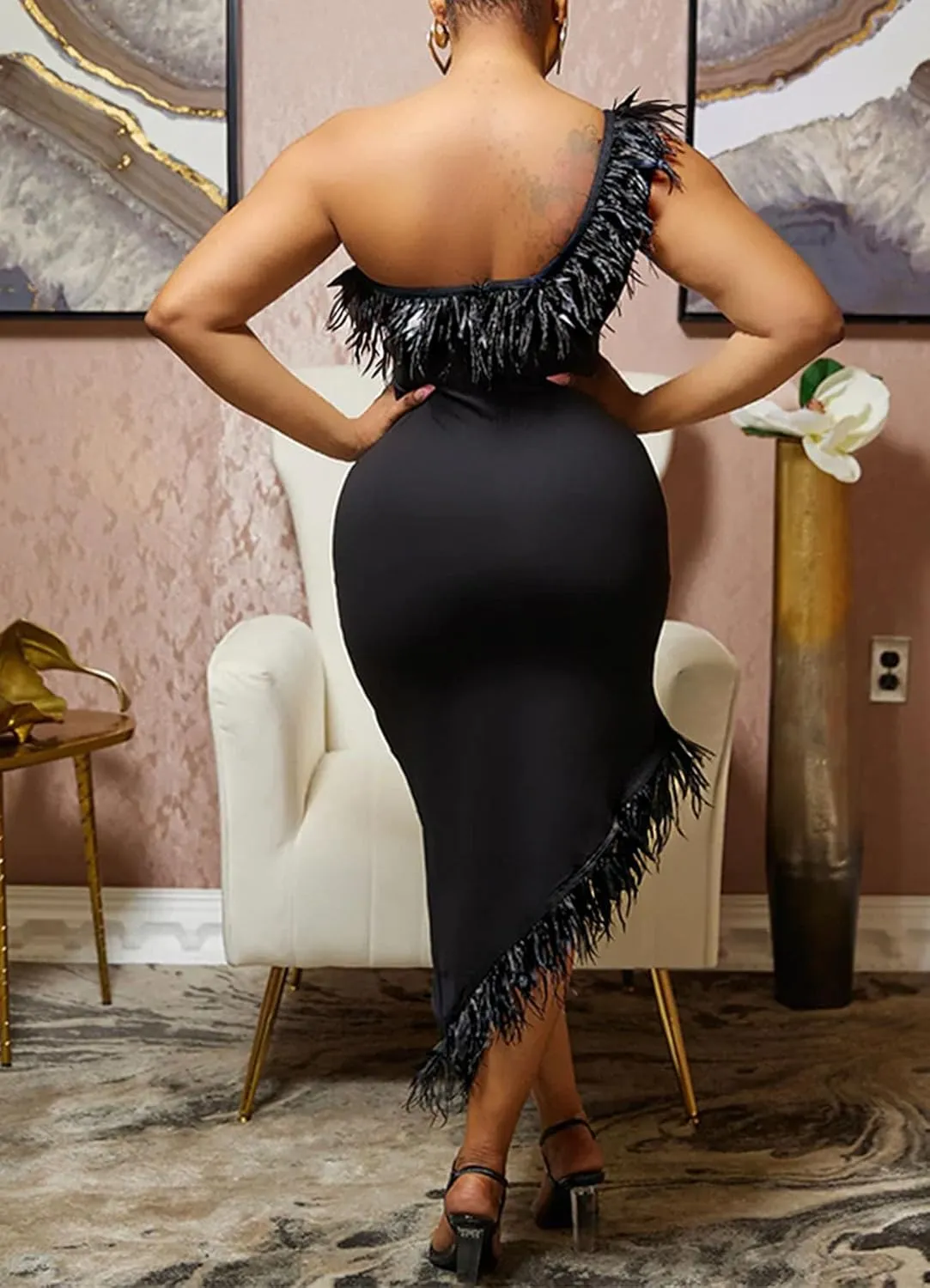 Women Sexy One Shoulder Wedding Guest Maxi Dress Wrap Bodycon Feather Cocktail Evening Party Midi Dress Clubwear