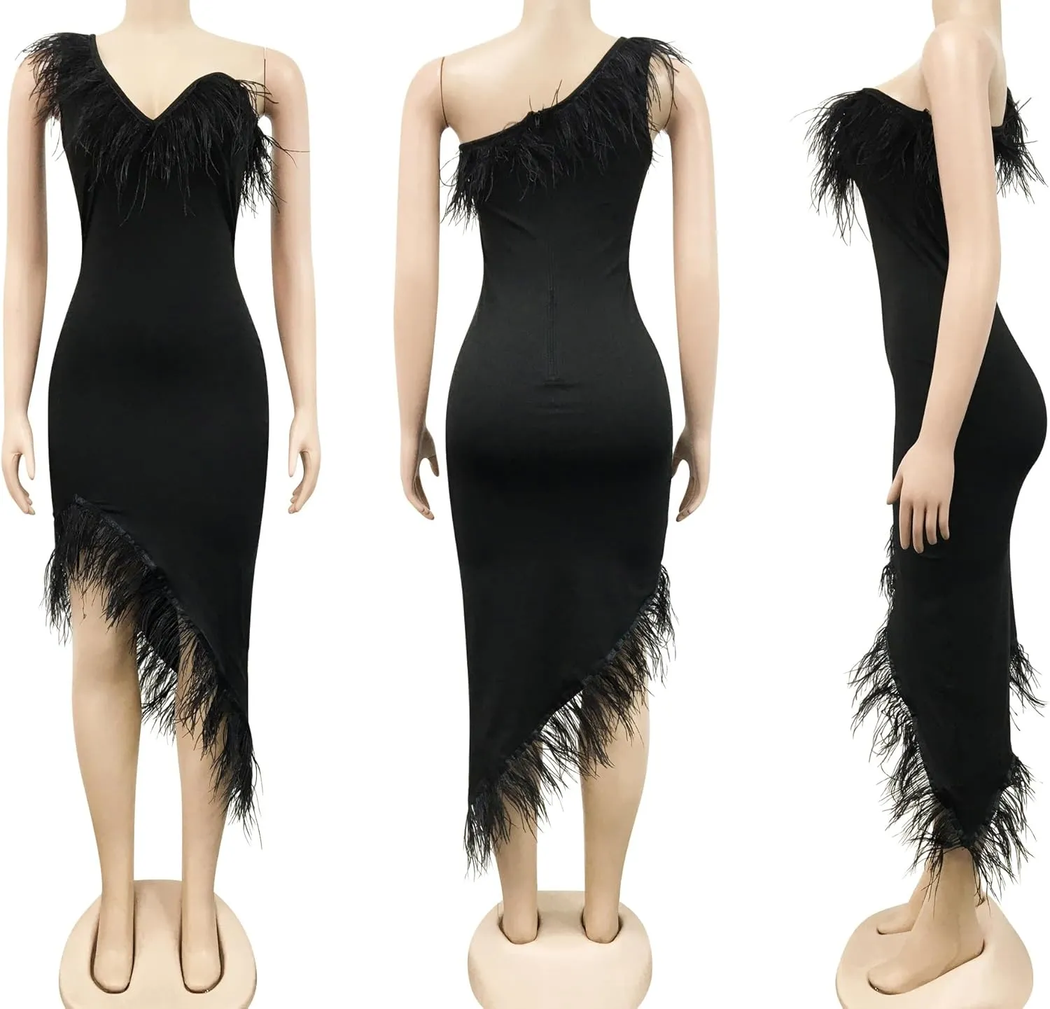 Women Sexy One Shoulder Wedding Guest Maxi Dress Wrap Bodycon Feather Cocktail Evening Party Midi Dress Clubwear