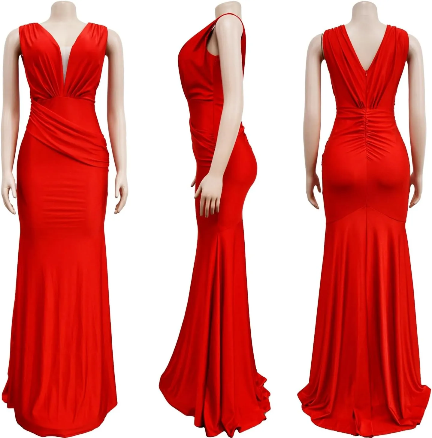Women Sexy V Neck Wedding Guest Maxi Dress Sleeveless Flowy Ruffle Hem Bodycon Formal Evening Party Cocktail Gowns