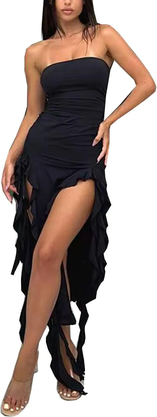Women Strapless Bandeau Tank Bodycon Dress Sexy Backless Split Thigh Ruffle Hem Midi Tube Dress Evening Party Dress