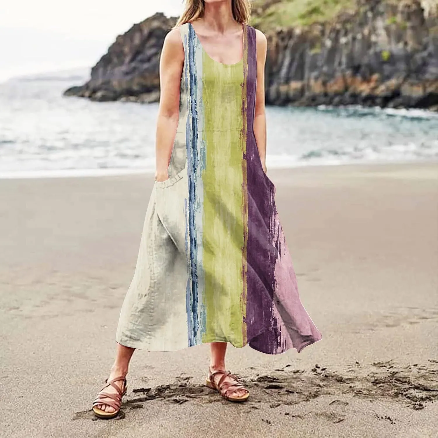 Women Summer Linen Dress 2024 Casual Tank Dress Flowy Sleeveless Long Dress Printed Maxi Dresses with Pockets