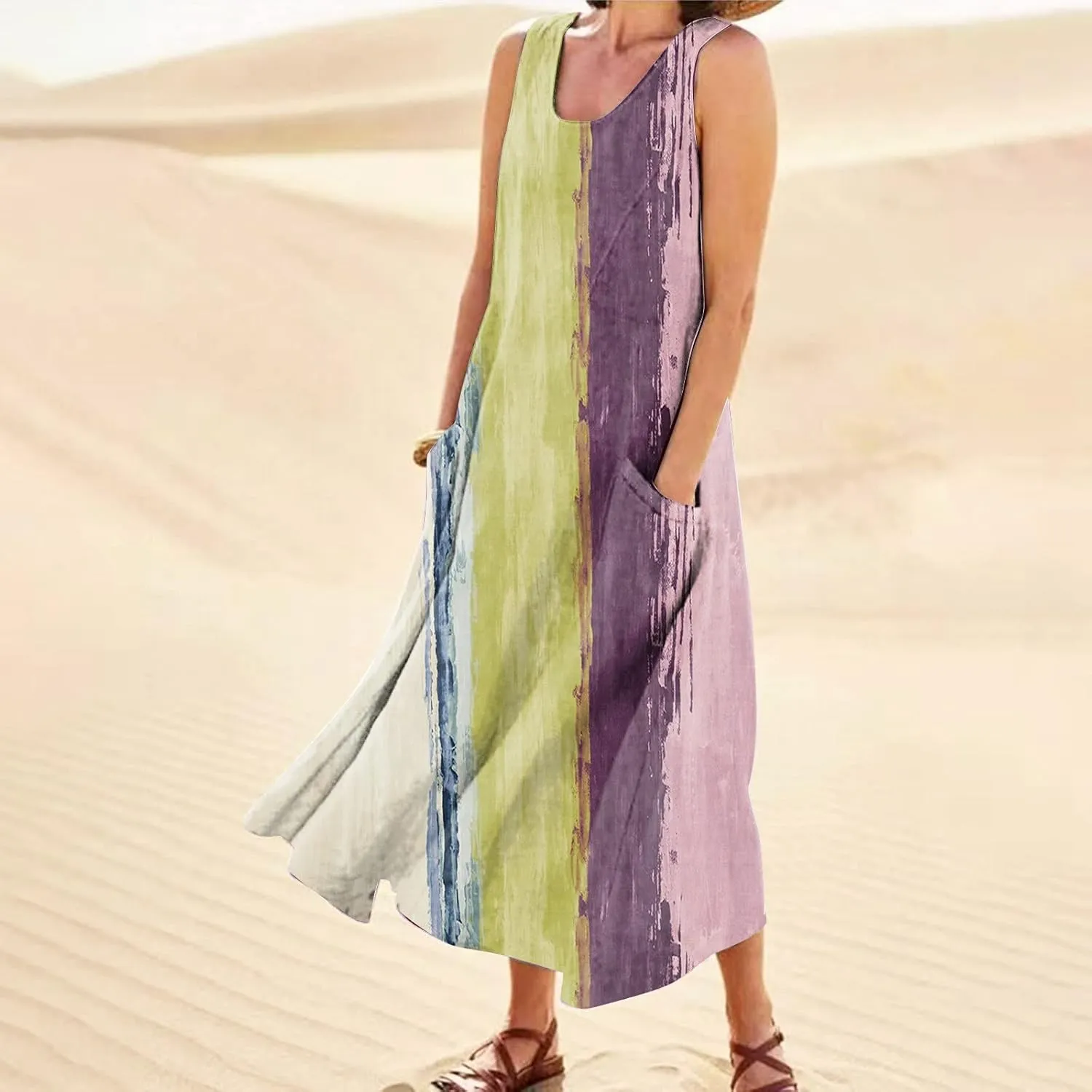 Women Summer Linen Dress 2024 Casual Tank Dress Flowy Sleeveless Long Dress Printed Maxi Dresses with Pockets