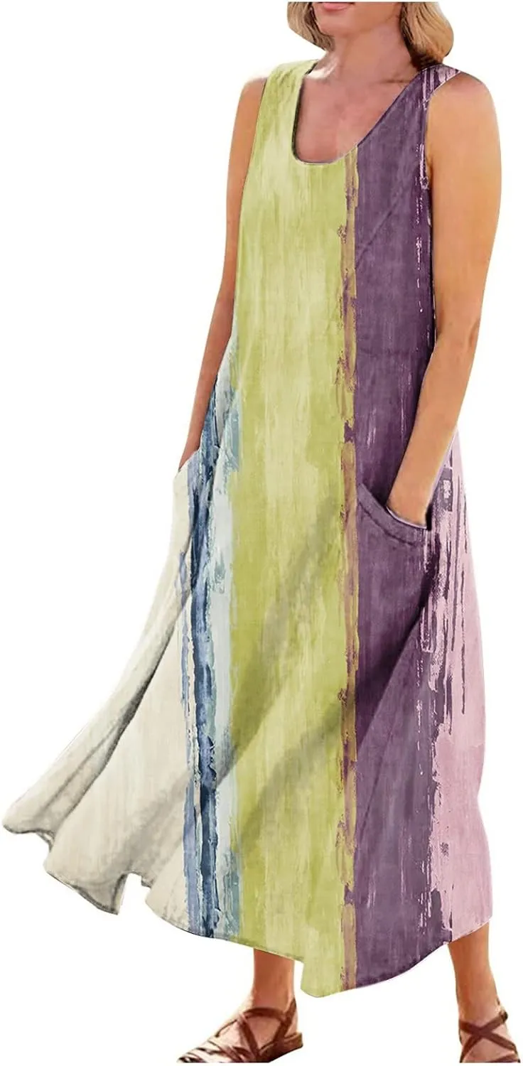 Women Summer Linen Dress 2024 Casual Tank Dress Flowy Sleeveless Long Dress Printed Maxi Dresses with Pockets