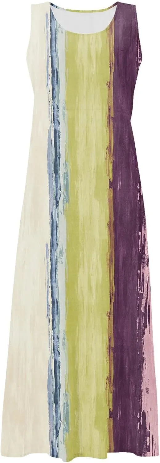 Women Summer Linen Dress 2024 Casual Tank Dress Flowy Sleeveless Long Dress Printed Maxi Dresses with Pockets