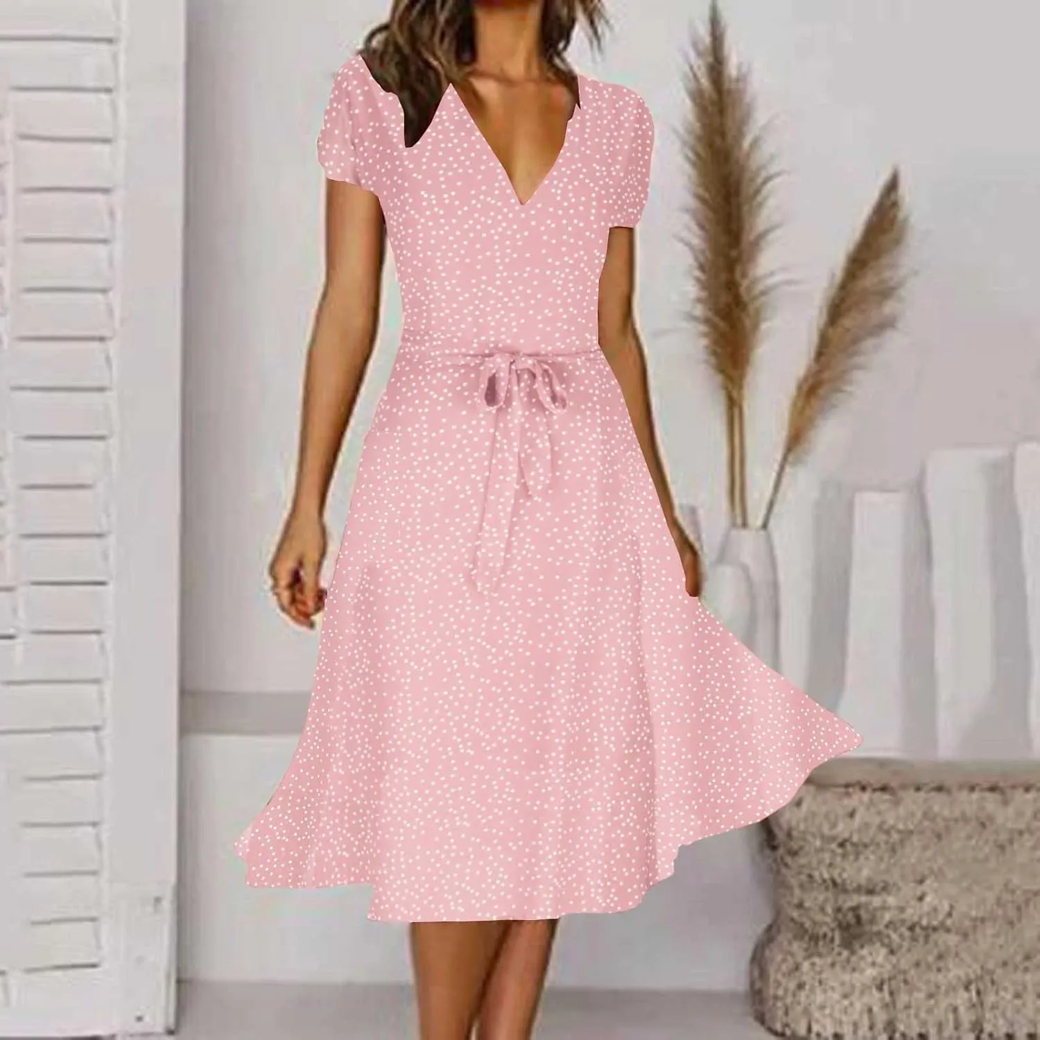 Womens 2024 Summer Dresses Polka Dot Short Sleeve V Neck Tunic Dress A-line Loose Casual Flowy Dress Beach Vacation Dress