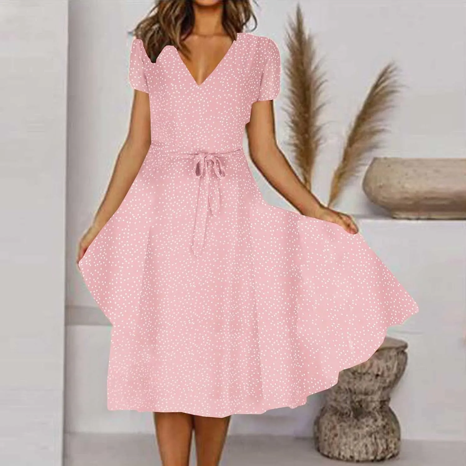 Womens 2024 Summer Dresses Polka Dot Short Sleeve V Neck Tunic Dress A-line Loose Casual Flowy Dress Beach Vacation Dress