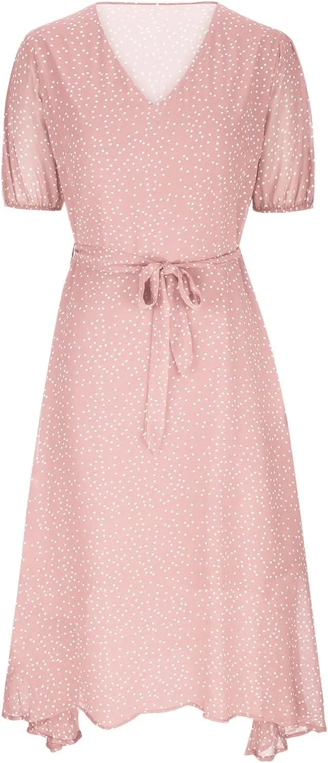 Womens 2024 Summer Dresses Polka Dot Short Sleeve V Neck Tunic Dress A-line Loose Casual Flowy Dress Beach Vacation Dress