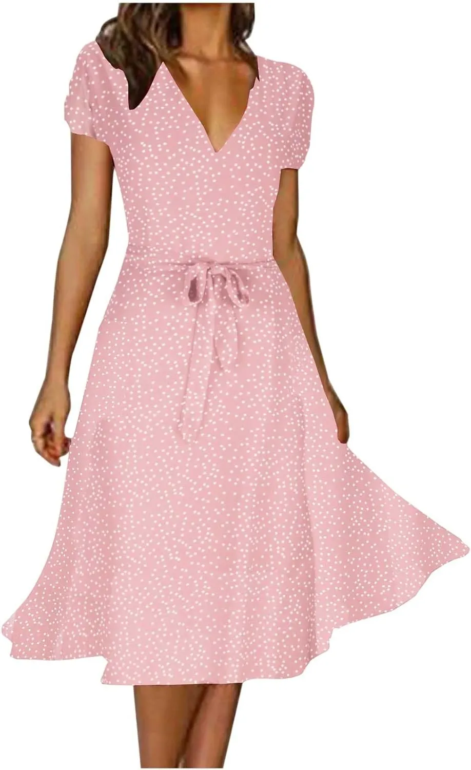 Womens 2024 Summer Dresses Polka Dot Short Sleeve V Neck Tunic Dress A-line Loose Casual Flowy Dress Beach Vacation Dress