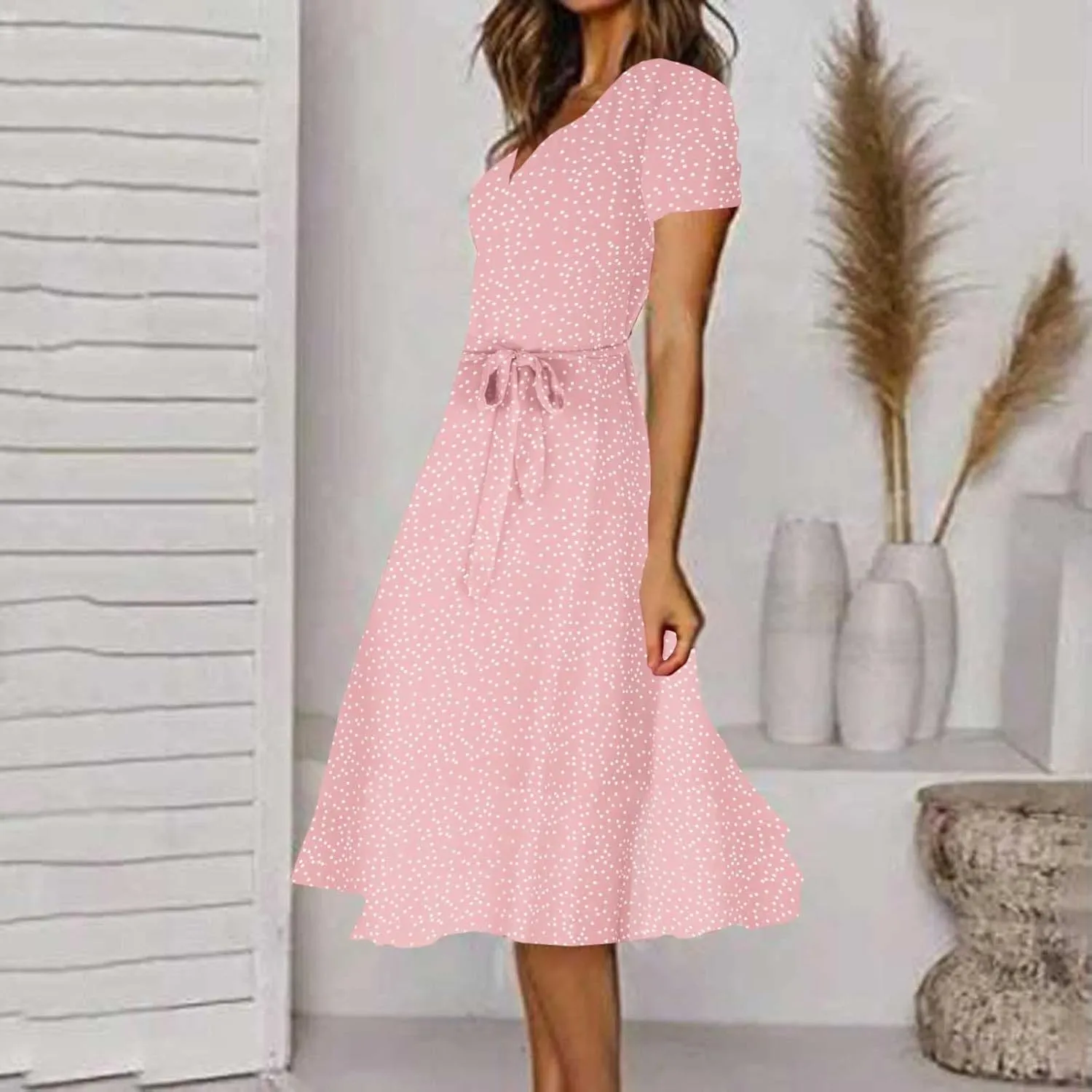 Womens 2024 Summer Dresses Polka Dot Short Sleeve V Neck Tunic Dress A-line Loose Casual Flowy Dress Beach Vacation Dress