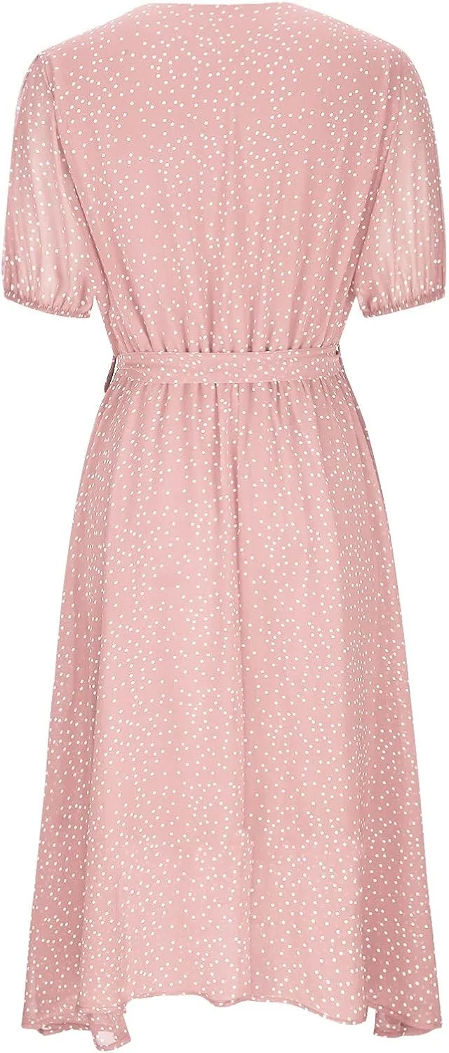 Womens 2024 Summer Dresses Polka Dot Short Sleeve V Neck Tunic Dress A-line Loose Casual Flowy Dress Beach Vacation Dress