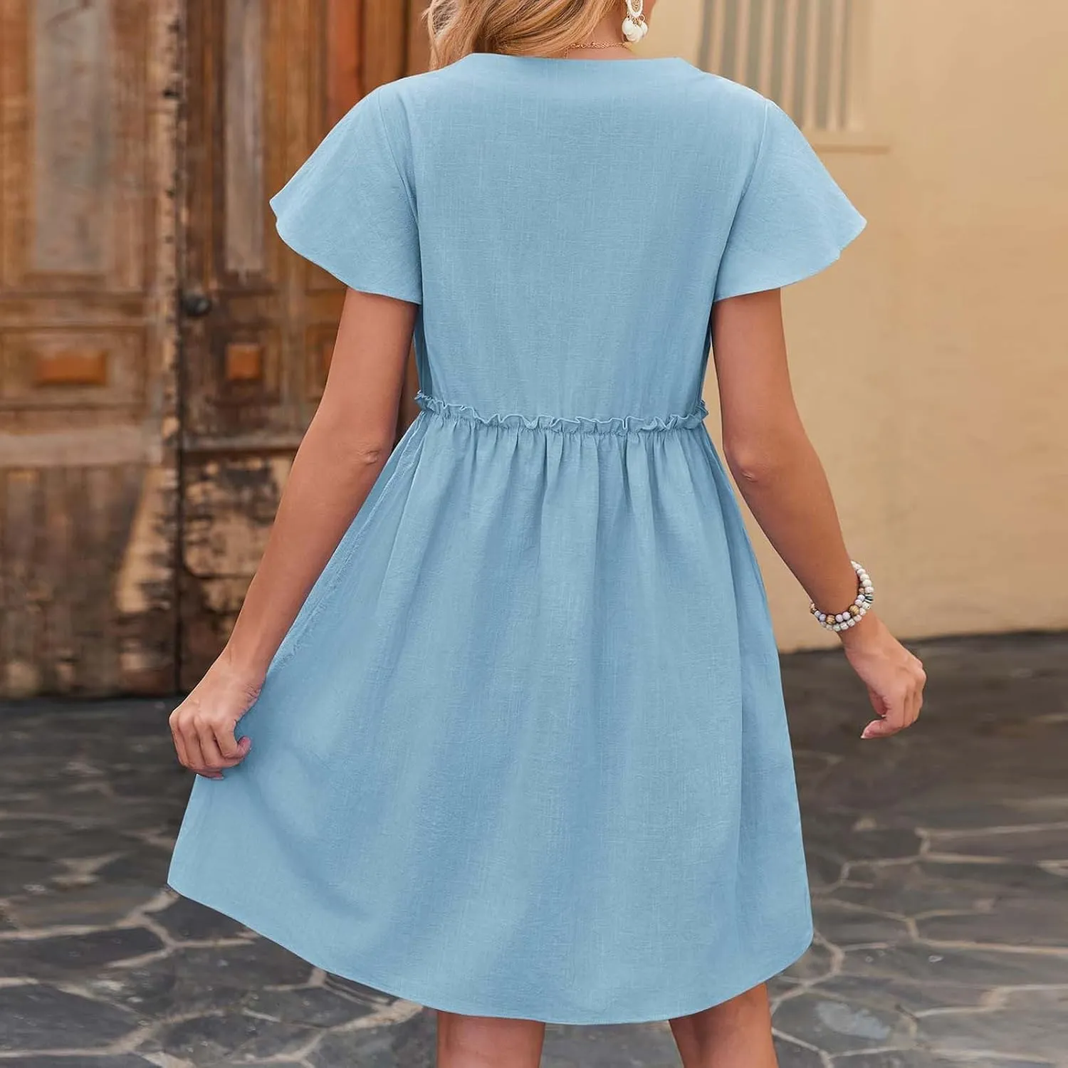 Womens 2025 Midi Dress V Neck Beach Wedding Guest Linen Dress Lightweight Breathable Solid Color Summer Outing Dress