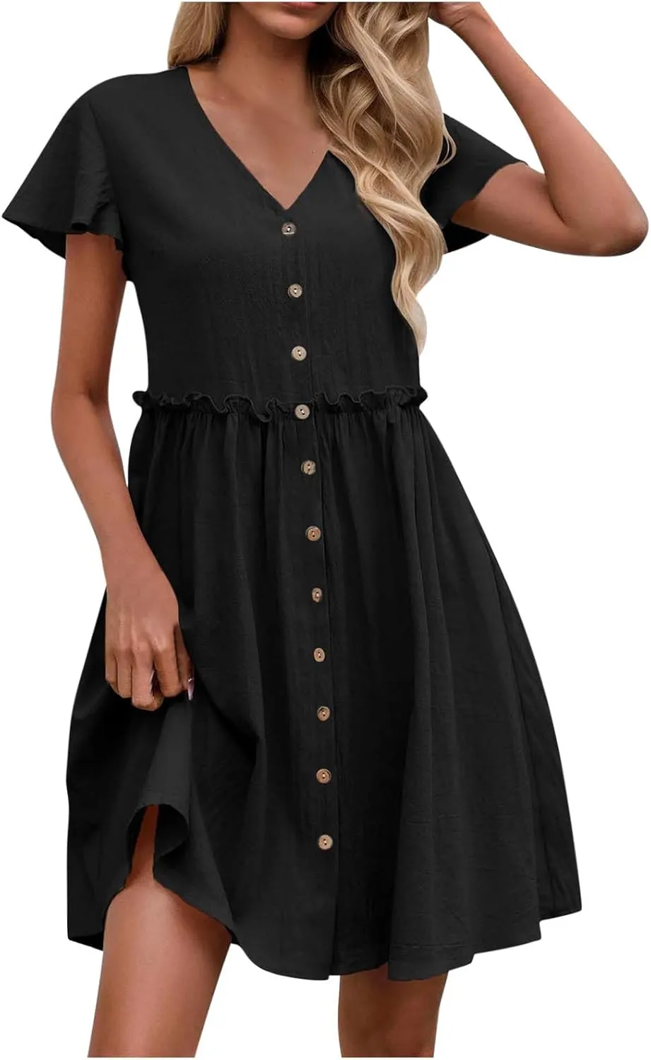 Womens 2025 Midi Dress V Neck Beach Wedding Guest Linen Dress Lightweight Breathable Solid Color Summer Outing Dress