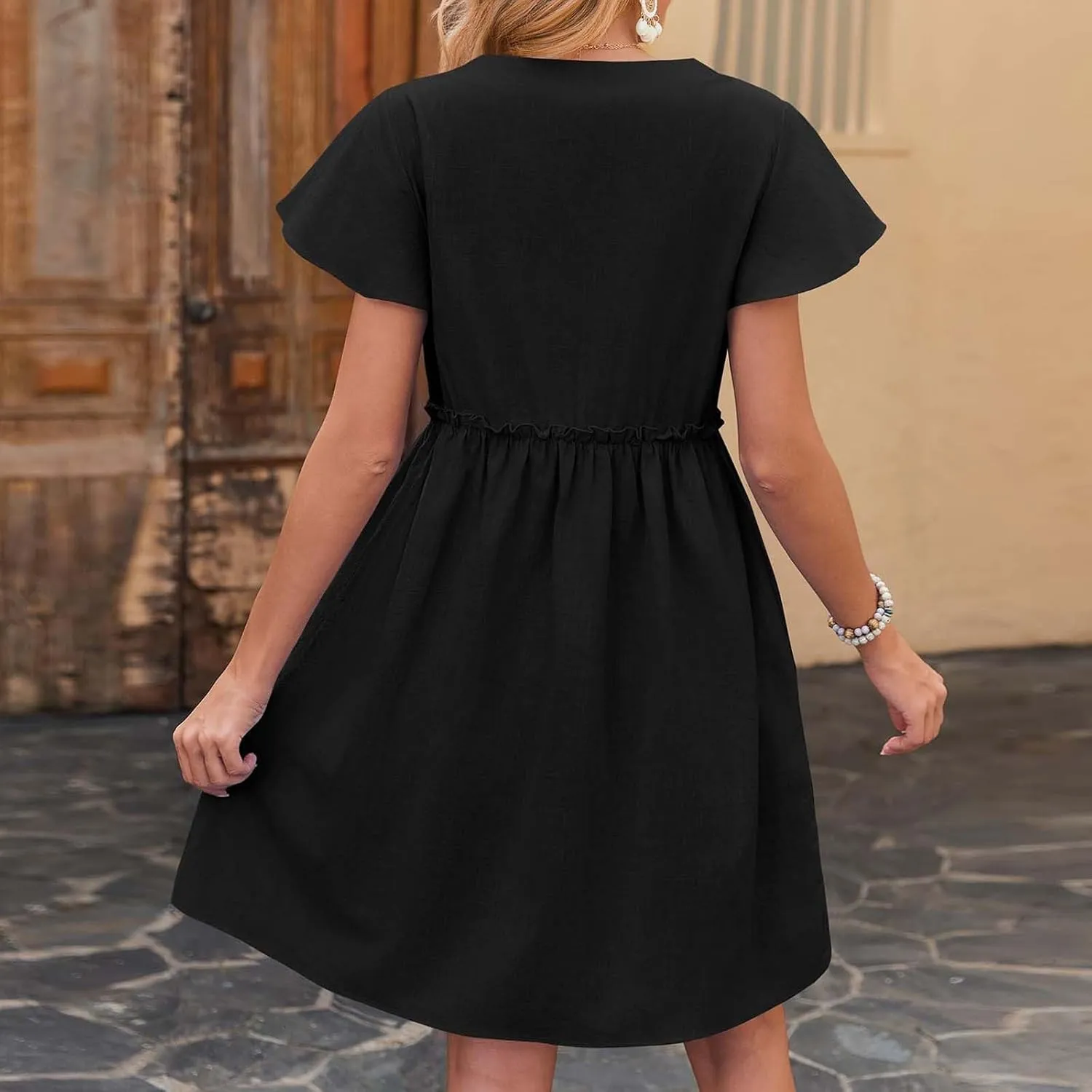 Womens 2025 Midi Dress V Neck Beach Wedding Guest Linen Dress Lightweight Breathable Solid Color Summer Outing Dress