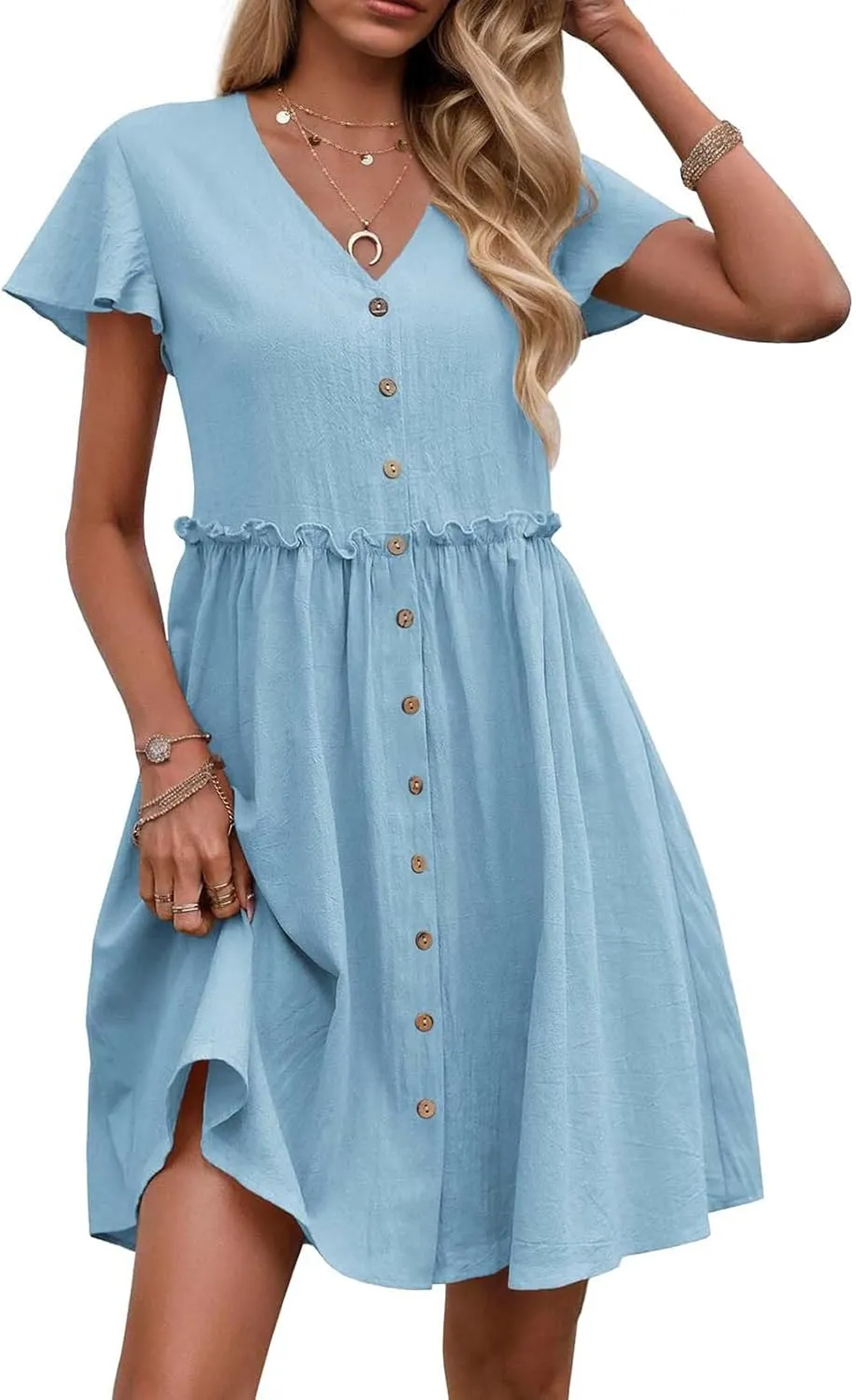 Womens 2025 Midi Dress V Neck Beach Wedding Guest Linen Dress Lightweight Breathable Solid Color Summer Outing Dress