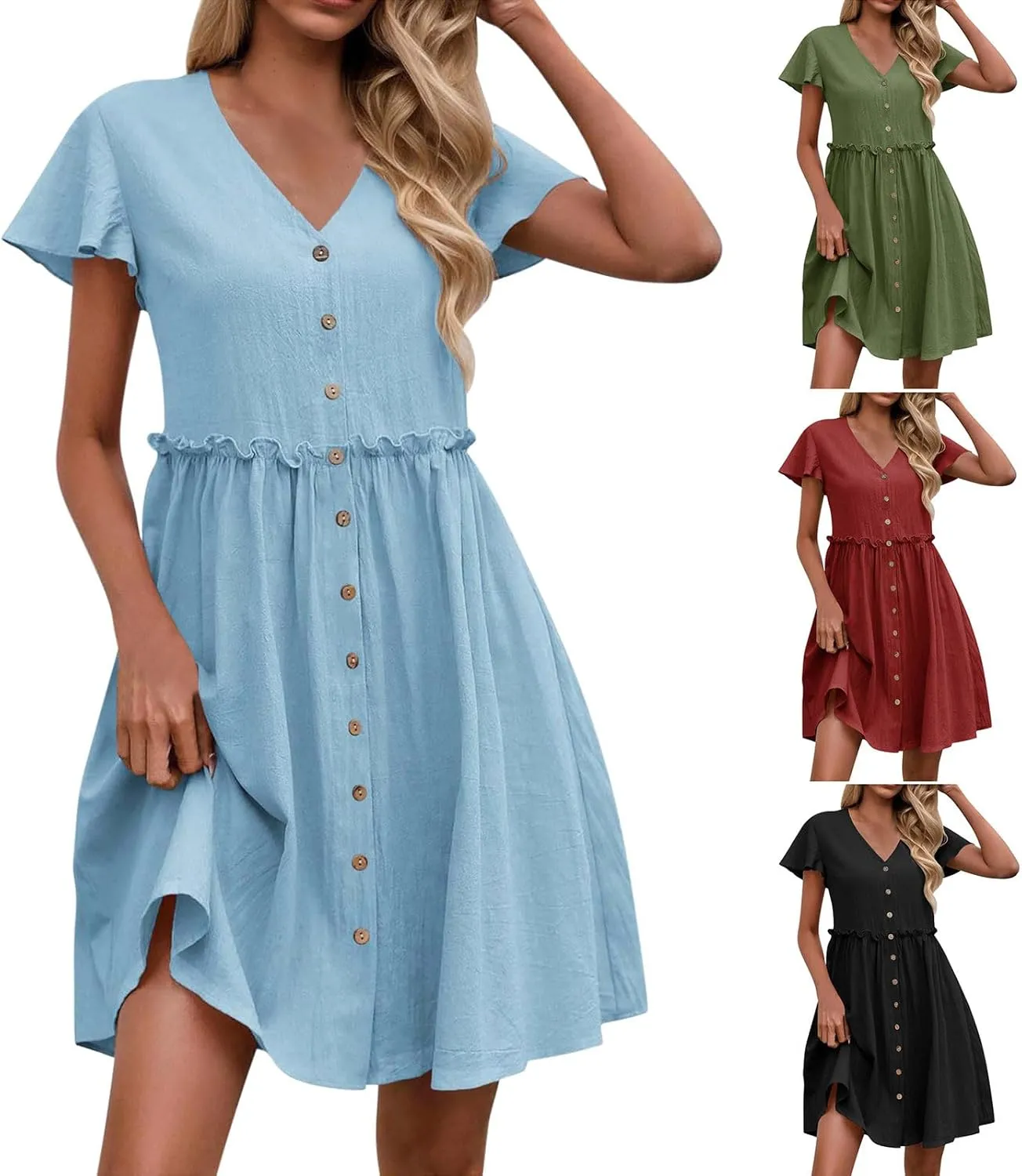 Womens 2025 Midi Dress V Neck Beach Wedding Guest Linen Dress Lightweight Breathable Solid Color Summer Outing Dress