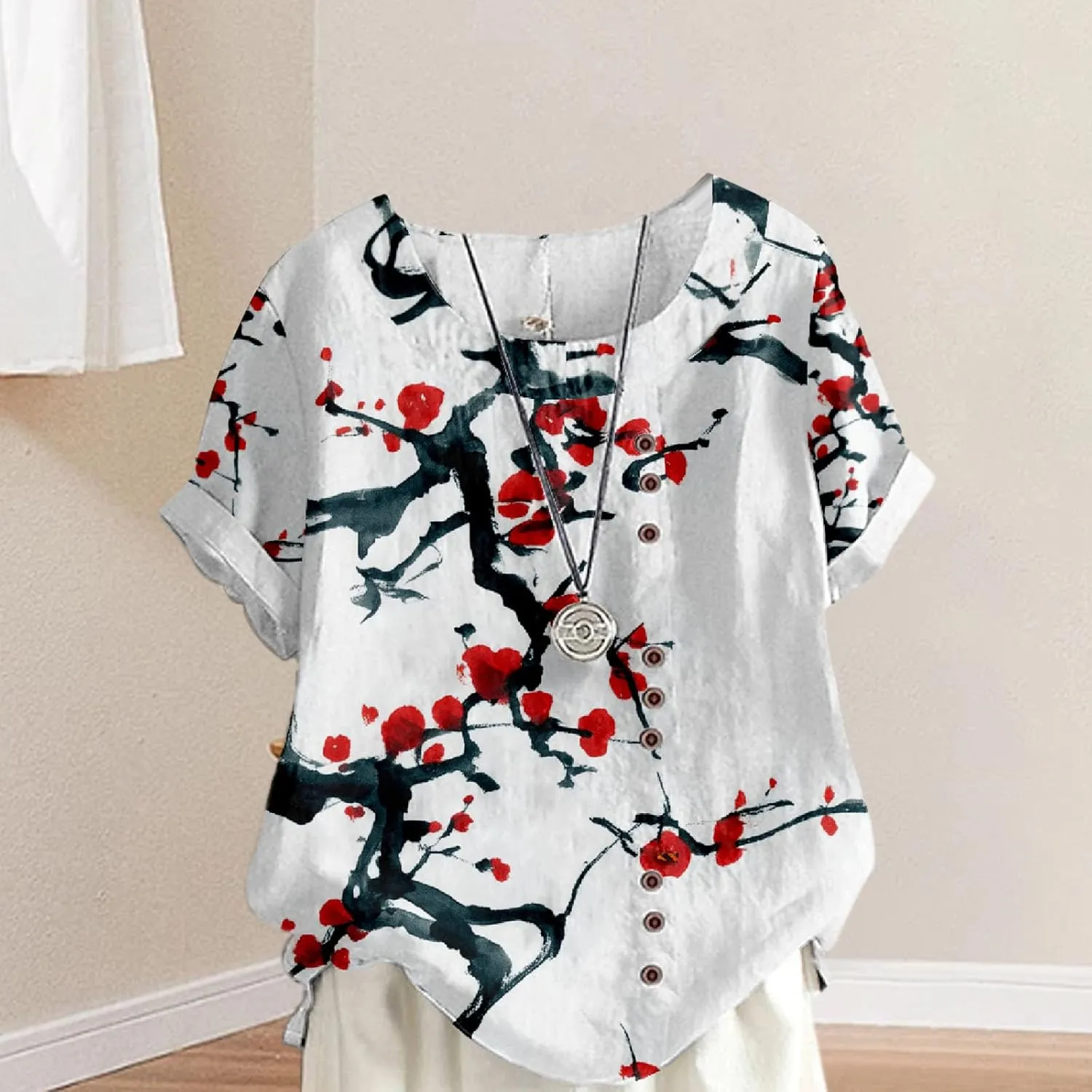 Women's Boho Floral Print Oversized Short Sleeve Blouse Ladies Crewneck Cotton Linen Blend Casual Button Tunic Tops