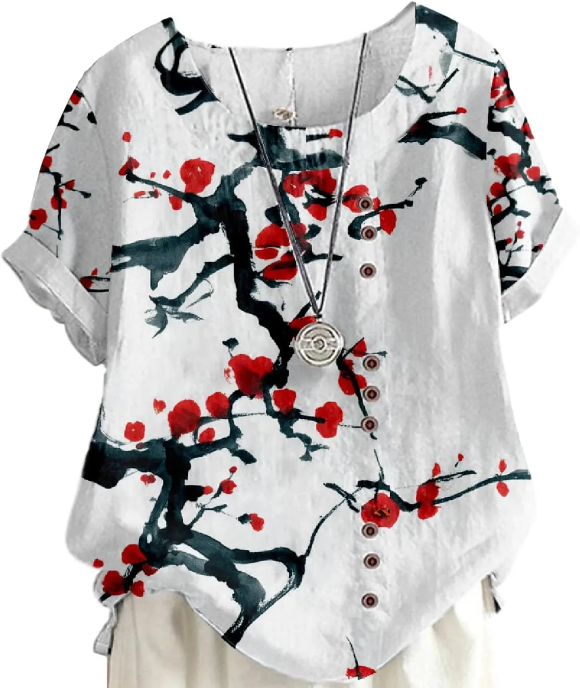 Women's Boho Floral Print Oversized Short Sleeve Blouse Ladies Crewneck Cotton Linen Blend Casual Button Tunic Tops