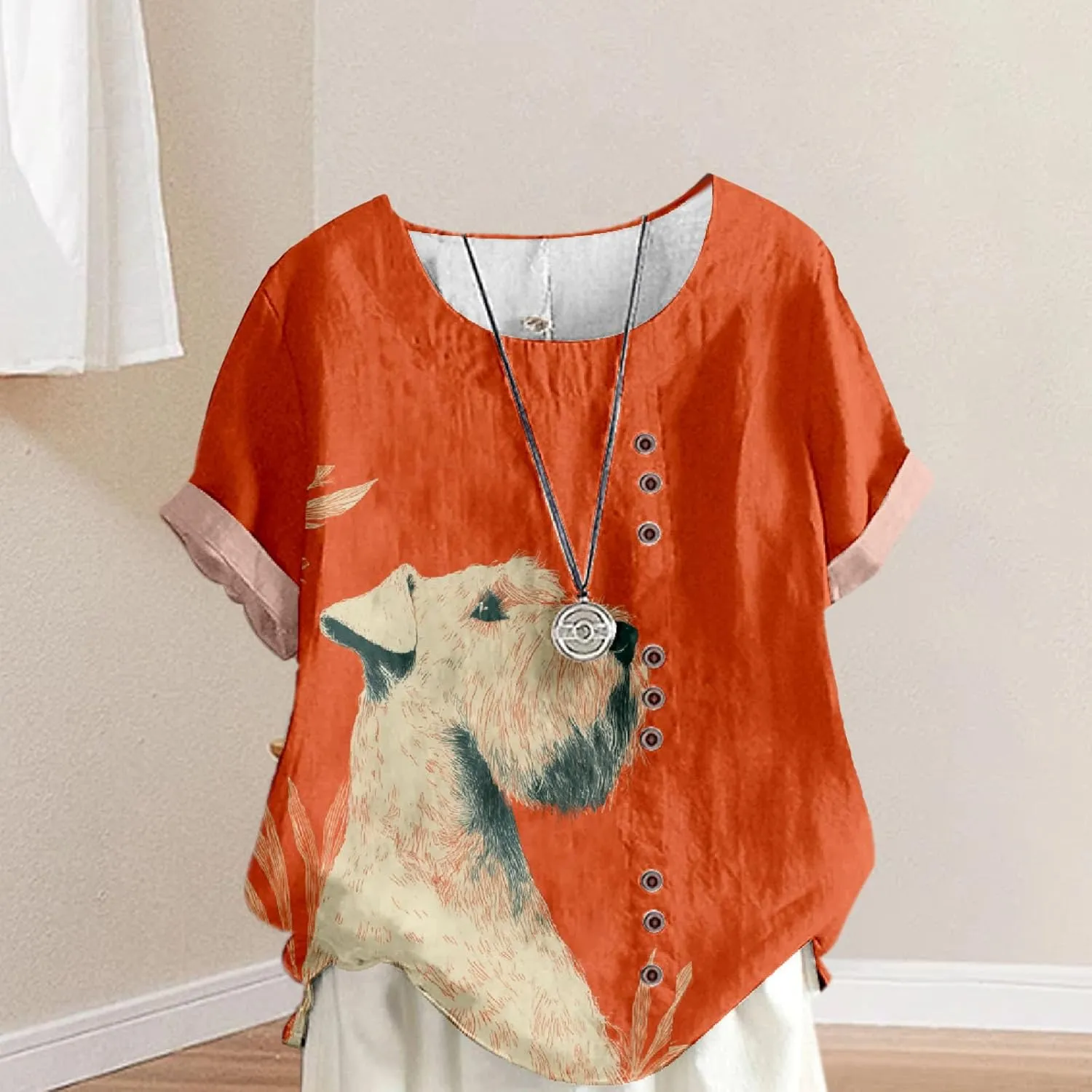 Women's Boho Floral Print Oversized Short Sleeve Blouse Ladies Crewneck Cotton Linen Blend Casual Button Tunic Tops