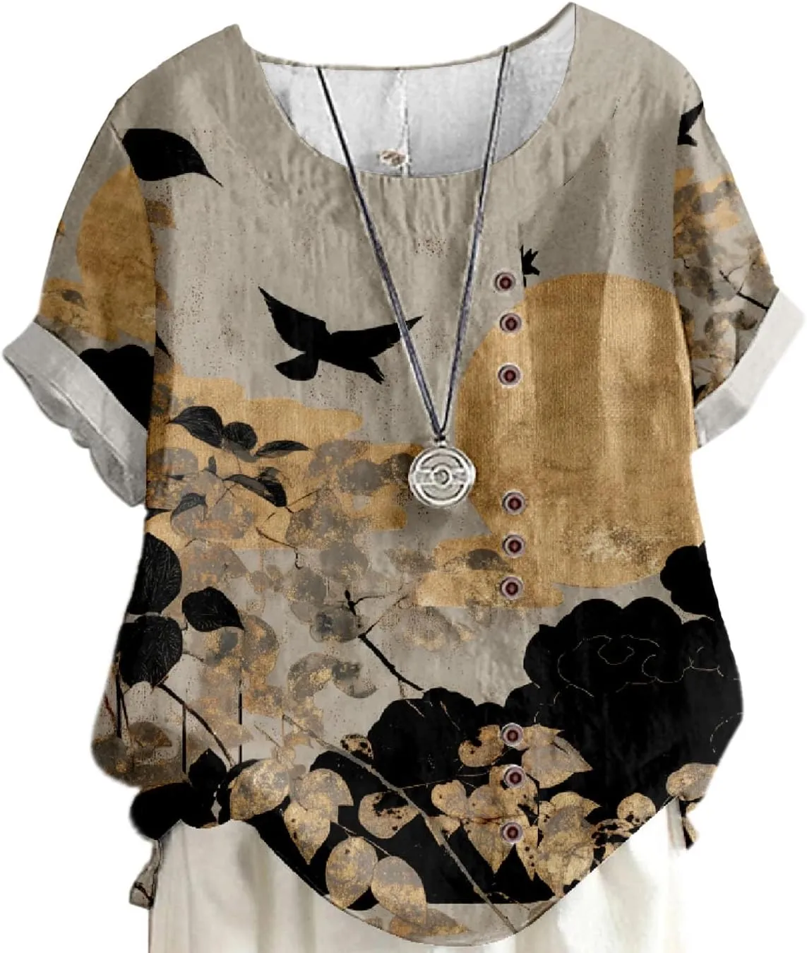 Women's Boho Floral Print Oversized Short Sleeve Blouse Ladies Crewneck Cotton Linen Blend Casual Button Tunic Tops