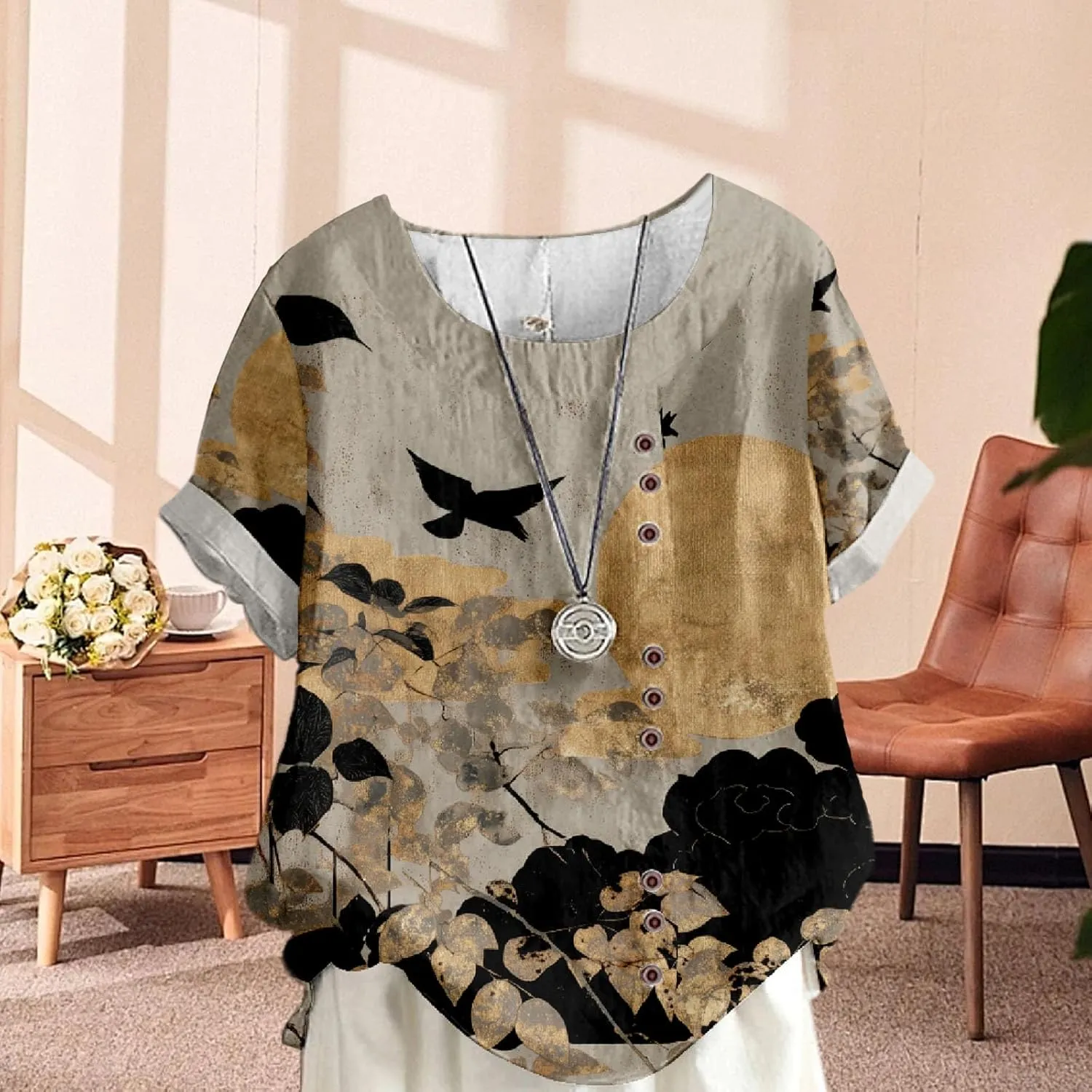 Women's Boho Floral Print Oversized Short Sleeve Blouse Ladies Crewneck Cotton Linen Blend Casual Button Tunic Tops