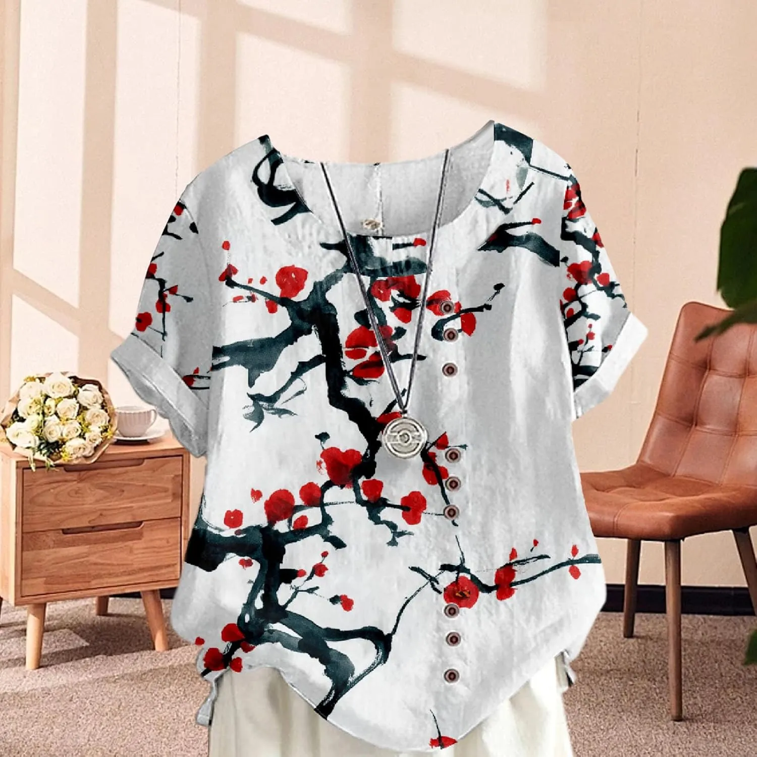 Women's Boho Floral Print Oversized Short Sleeve Blouse Ladies Crewneck Cotton Linen Blend Casual Button Tunic Tops