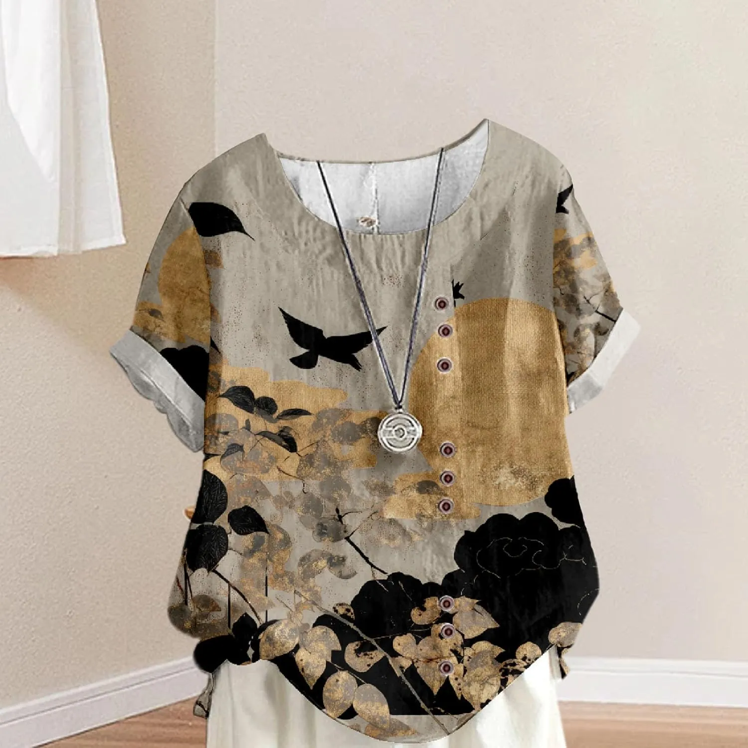 Women's Boho Floral Print Oversized Short Sleeve Blouse Ladies Crewneck Cotton Linen Blend Casual Button Tunic Tops