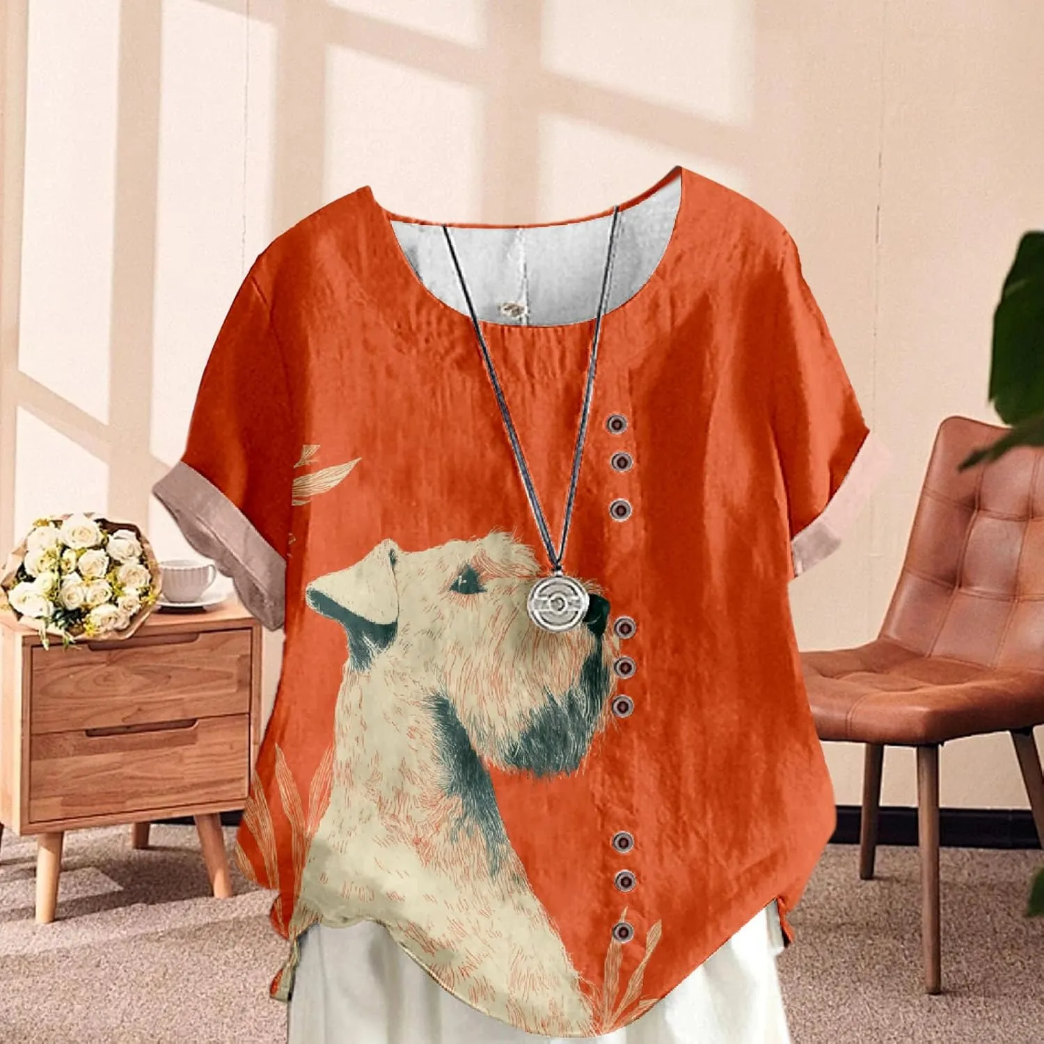 Women's Boho Floral Print Oversized Short Sleeve Blouse Ladies Crewneck Cotton Linen Blend Casual Button Tunic Tops