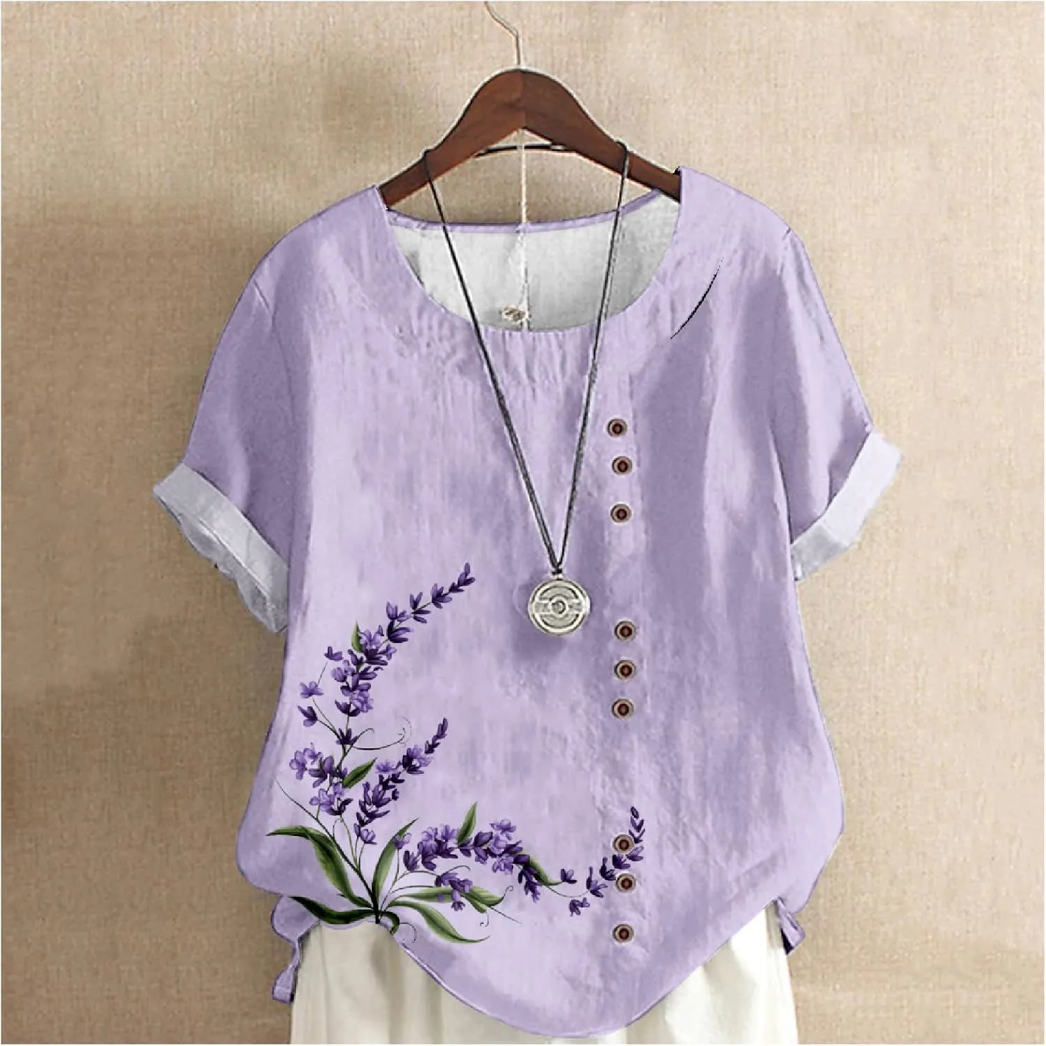 Women's Boho Style Floral Printed Cotton Linen Tops Ladies Crewneck Button Blouse Summer Casual Tee Shirt