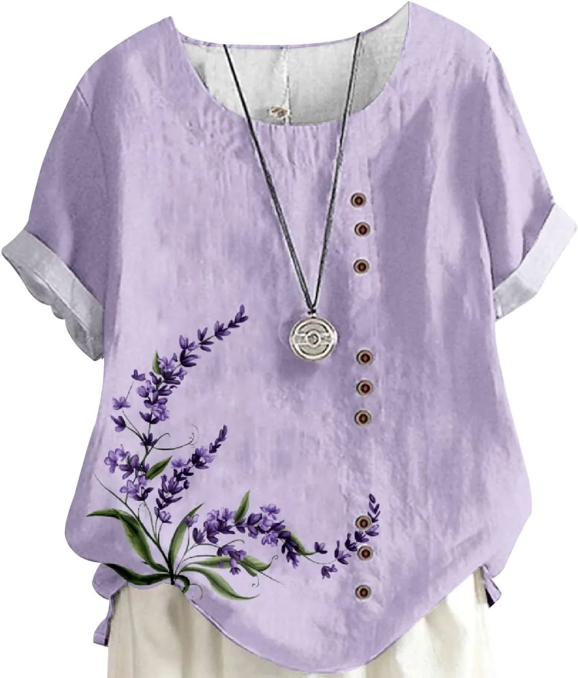 Women's Boho Style Floral Printed Cotton Linen Tops Ladies Crewneck Button Blouse Summer Casual Tee Shirt