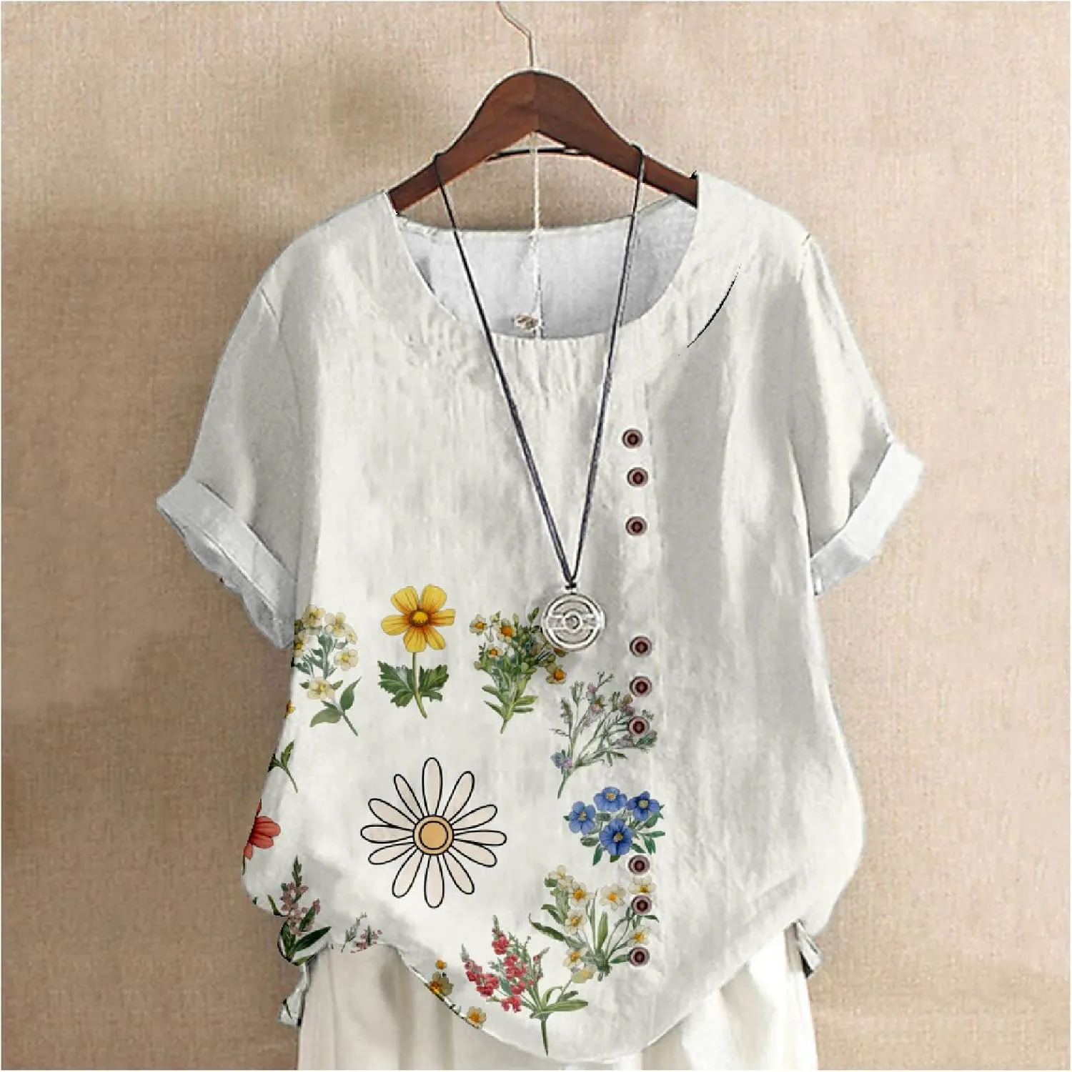 Women's Boho Style Floral Printed Cotton Linen Tops Ladies Crewneck Button Blouse Summer Casual Tee Shirt