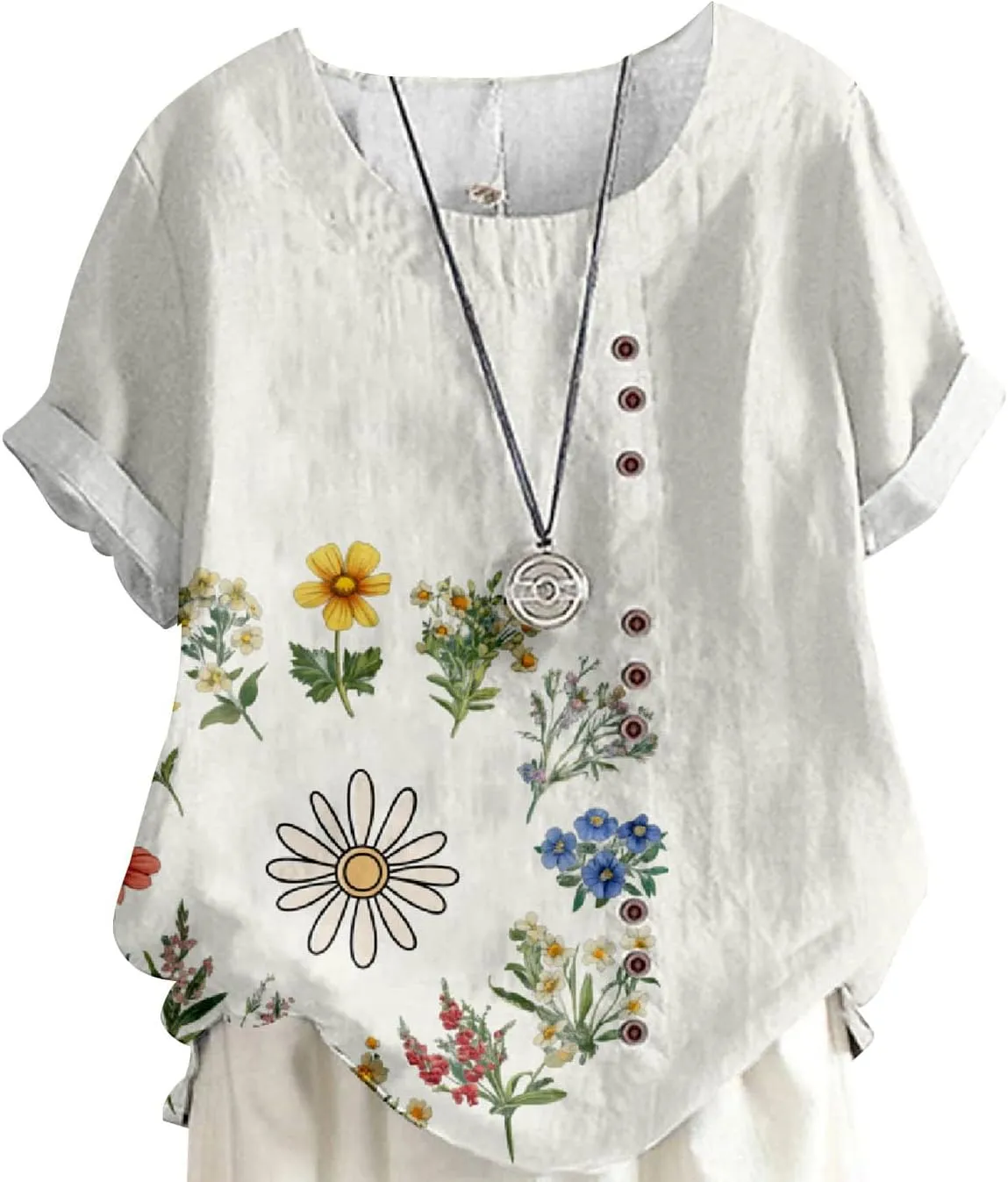 Women's Boho Style Floral Printed Cotton Linen Tops Ladies Crewneck Button Blouse Summer Casual Tee Shirt
