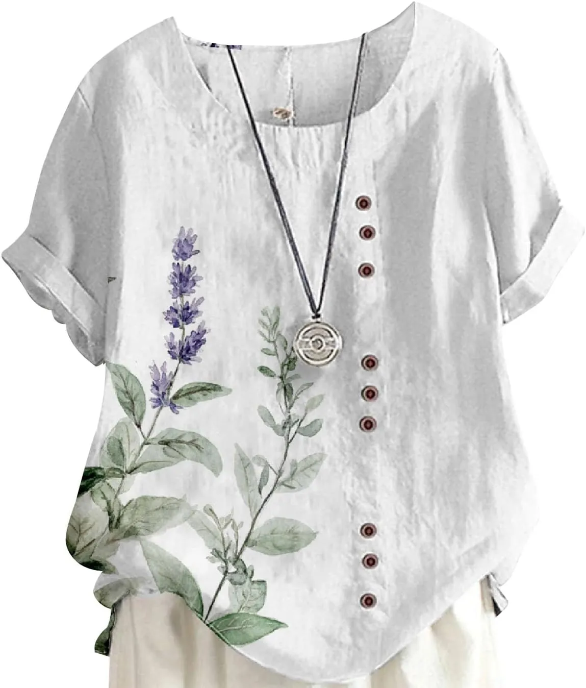 Women's Boho Style Floral Printed Cotton Linen Tops Ladies Crewneck Button Blouse Summer Casual Tee Shirt
