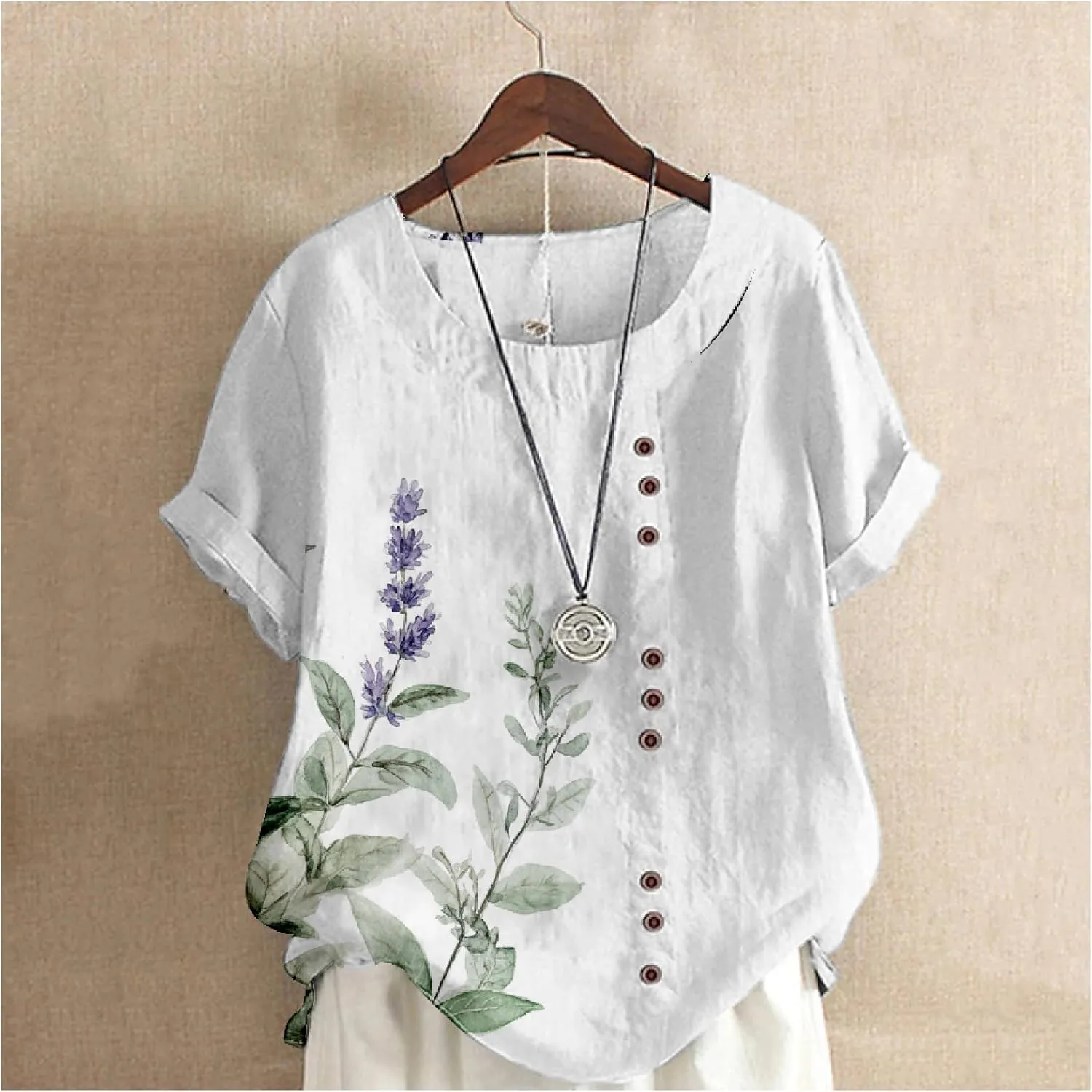 Women's Boho Style Floral Printed Cotton Linen Tops Ladies Crewneck Button Blouse Summer Casual Tee Shirt