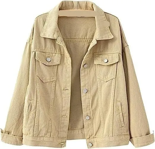 Women's Candy Color Denim Jacket Relaxed Fit Casual Denim Trucker Jacket Men's Attack Pullover (Color : Khaki, Size : Medium)