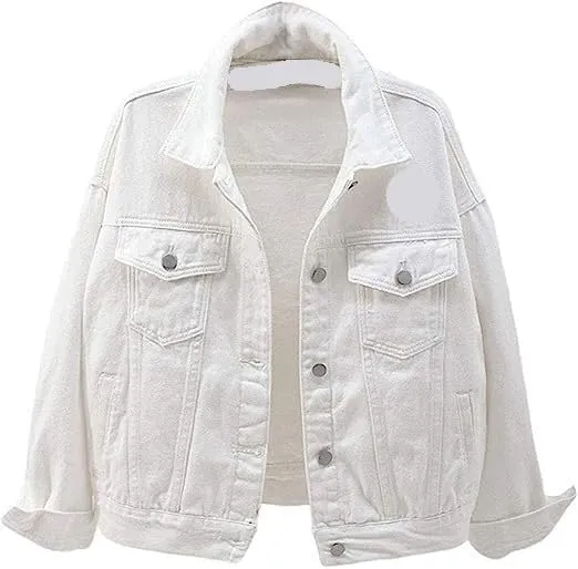 Women's Candy Color Denim Jacket Relaxed Fit Casual Denim Trucker Jacket Men's Attack Pullover (Color : White, Size : Large)