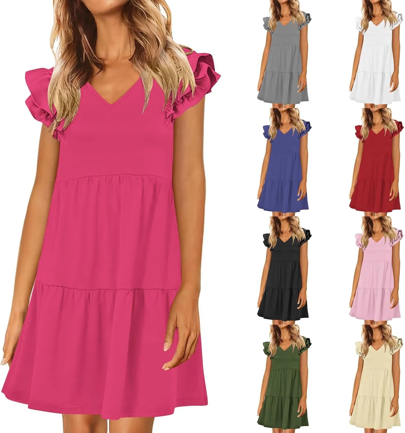 Women's Casual Dresses 2025 Summer Ruffle Sleeve Tiered Cute Short Sundresses Beach Vacation Loose V-Neck Dress
