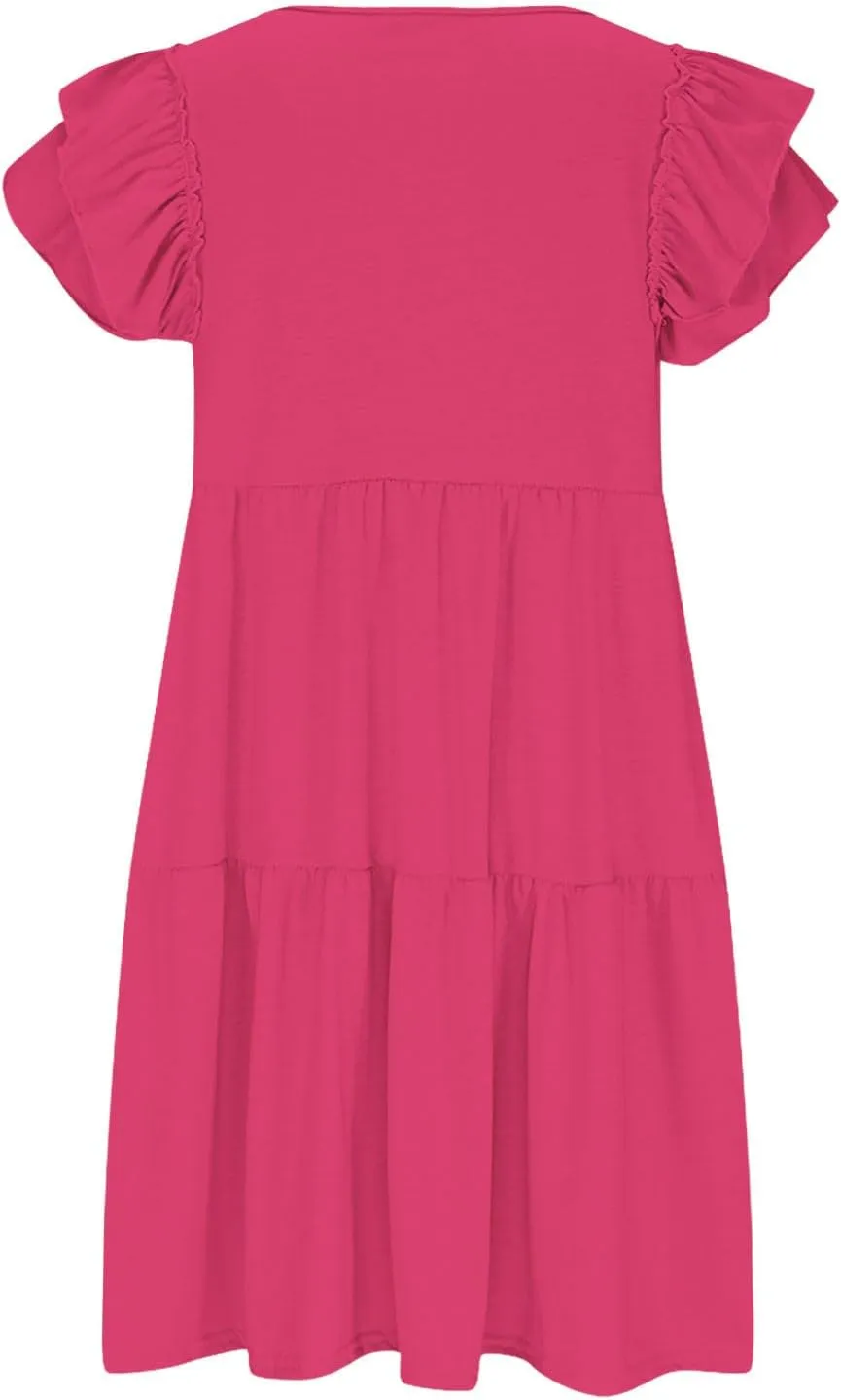 Women's Casual Dresses 2025 Summer Ruffle Sleeve Tiered Cute Short Sundresses Beach Vacation Loose V-Neck Dress