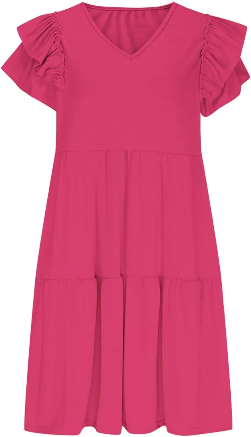 Women's Casual Dresses 2025 Summer Ruffle Sleeve Tiered Cute Short Sundresses Beach Vacation Loose V-Neck Dress